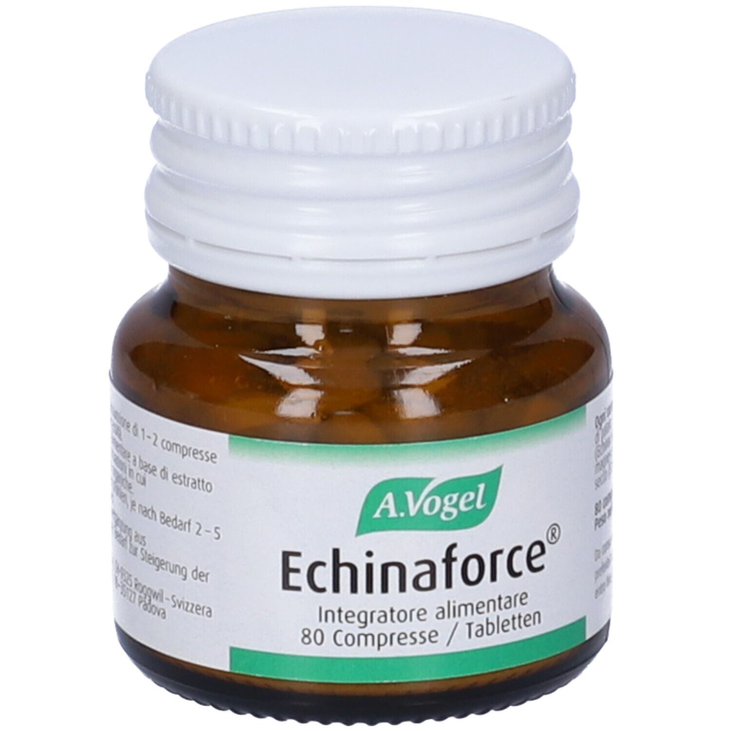Flacone di vetro marrone con tappo bianco. Etichetta A.Vogel Echinaforce®, 80 compresse. Integratore alimentare.