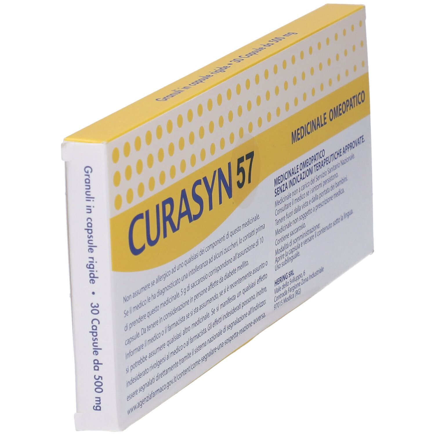 Scatola CURASYN 57 angolata. Confezione giallo-bianca con nome e testo del prodotto. 30 capsule.