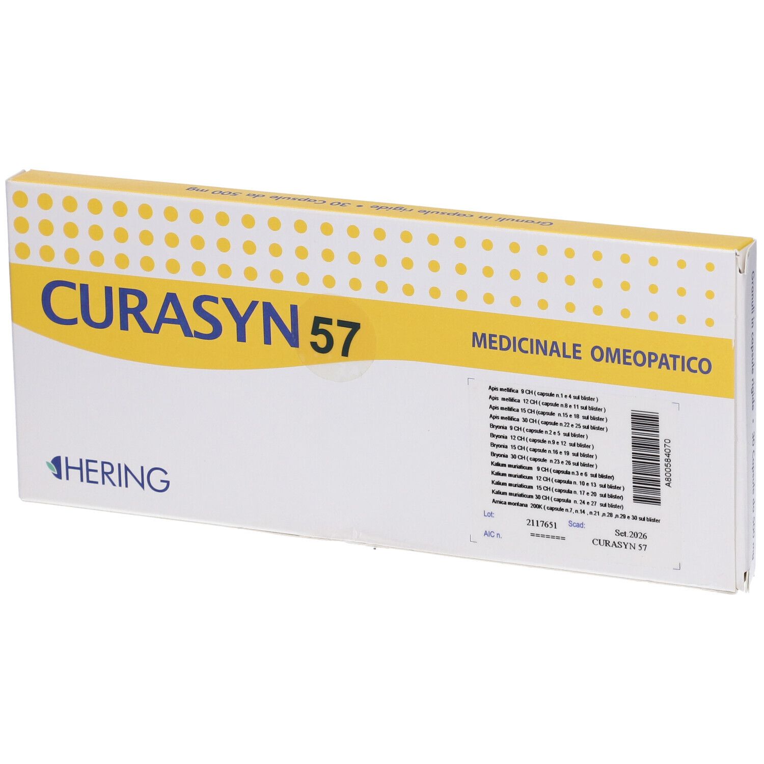 Scatola CURASYN 57. Confezione giallo-bianca con nome e testo del prodotto. Medicinali omeopatici. Logo Hering.