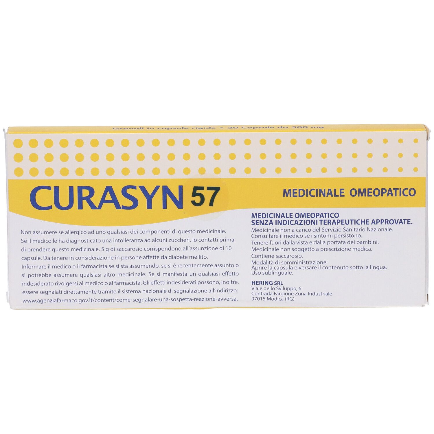 Scatola CURASYN 57. Confezione giallo-bianca con nome e testo del prodotto. Medicinali omeopatici.