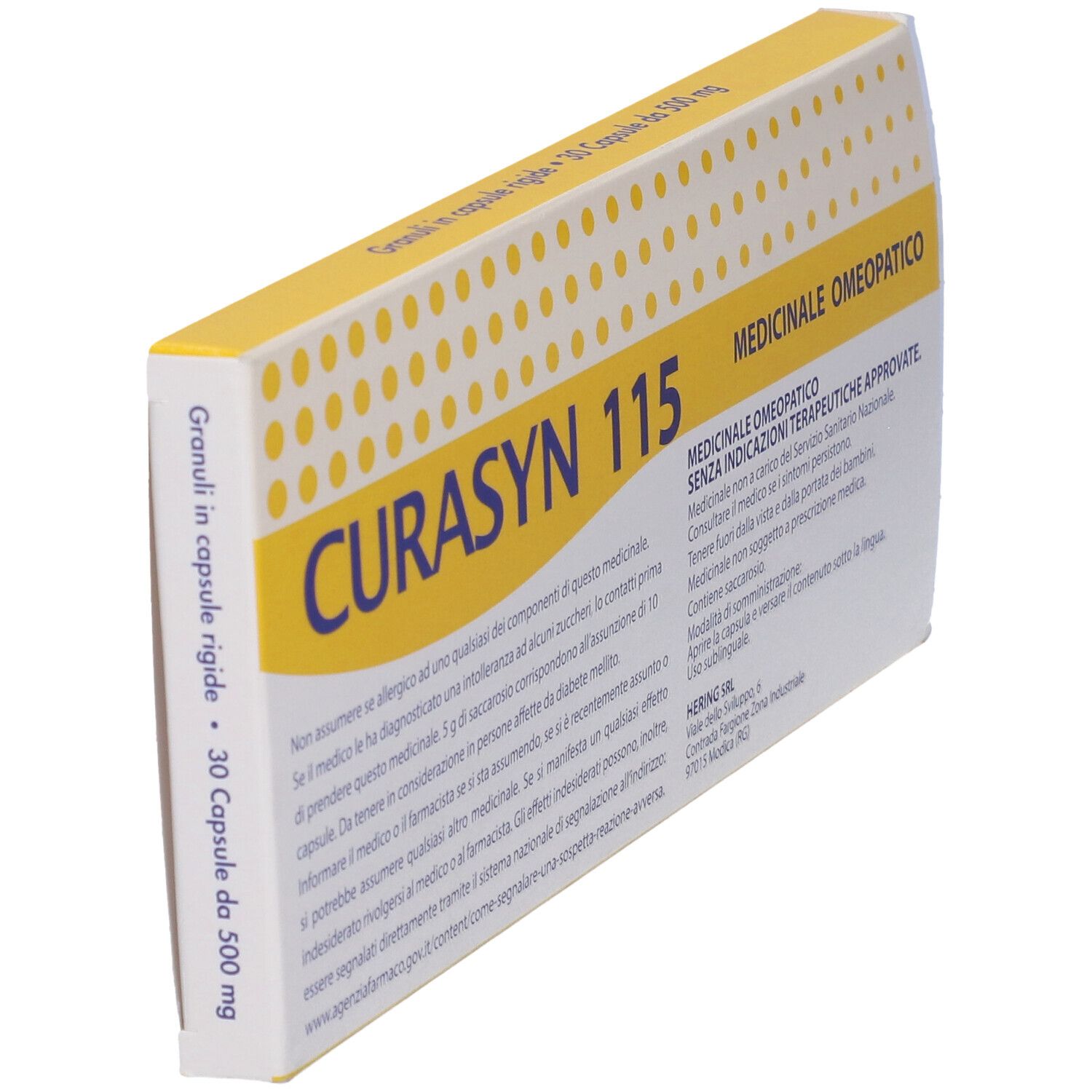 Scatola gialla inclinata con CURASYN 115. Scritta "Granuli in capsule rigide" e "30 Capsule da 500 mg".