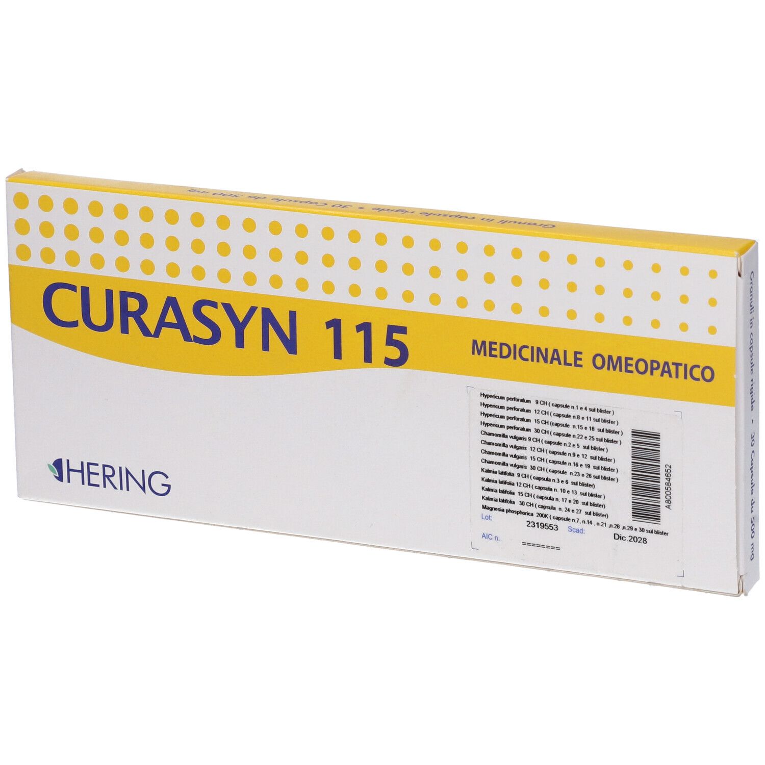 Scatola gialla con CURASYN 115 e logo HERING. Scritta "Medicinale omeopatico". Testo in italiano.