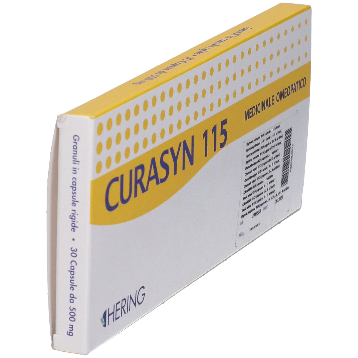 Scatola gialla inclinata con CURASYN 115 e logo HERING. Scritta "Granuli in capsule rigide" e "30 Capsule da 500 mg".