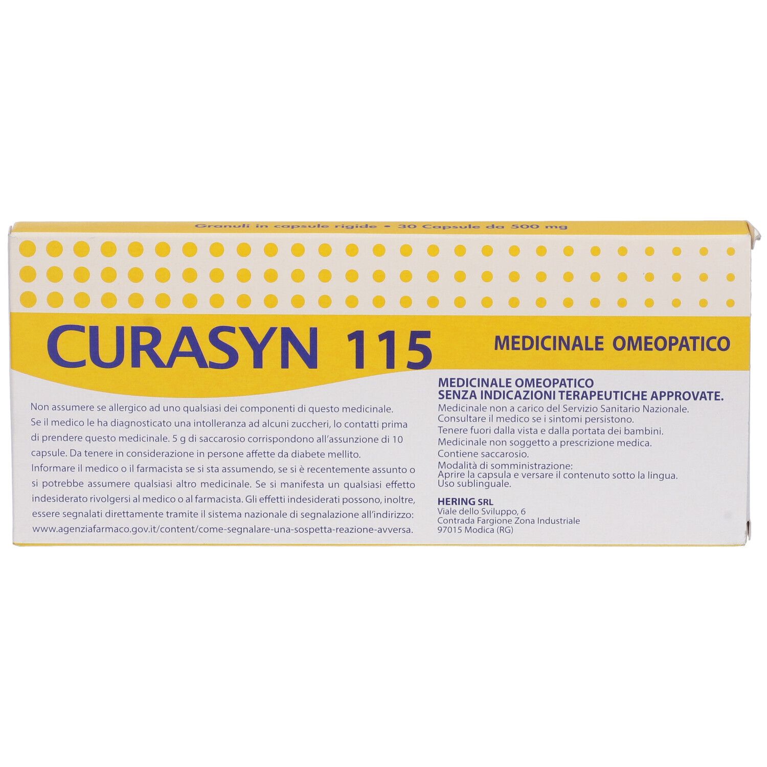 Scatola gialla con CURASYN 115. Scritta "Medicinale omeopatico". Testo in italiano. Logo HERING.