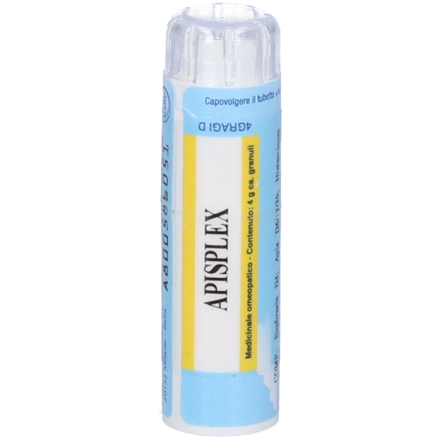 Tubo blu con tappo bianco. Scritta: APISPLEX. Etichetta gialla. Contenuto: 4 g granuli. Medicinale.