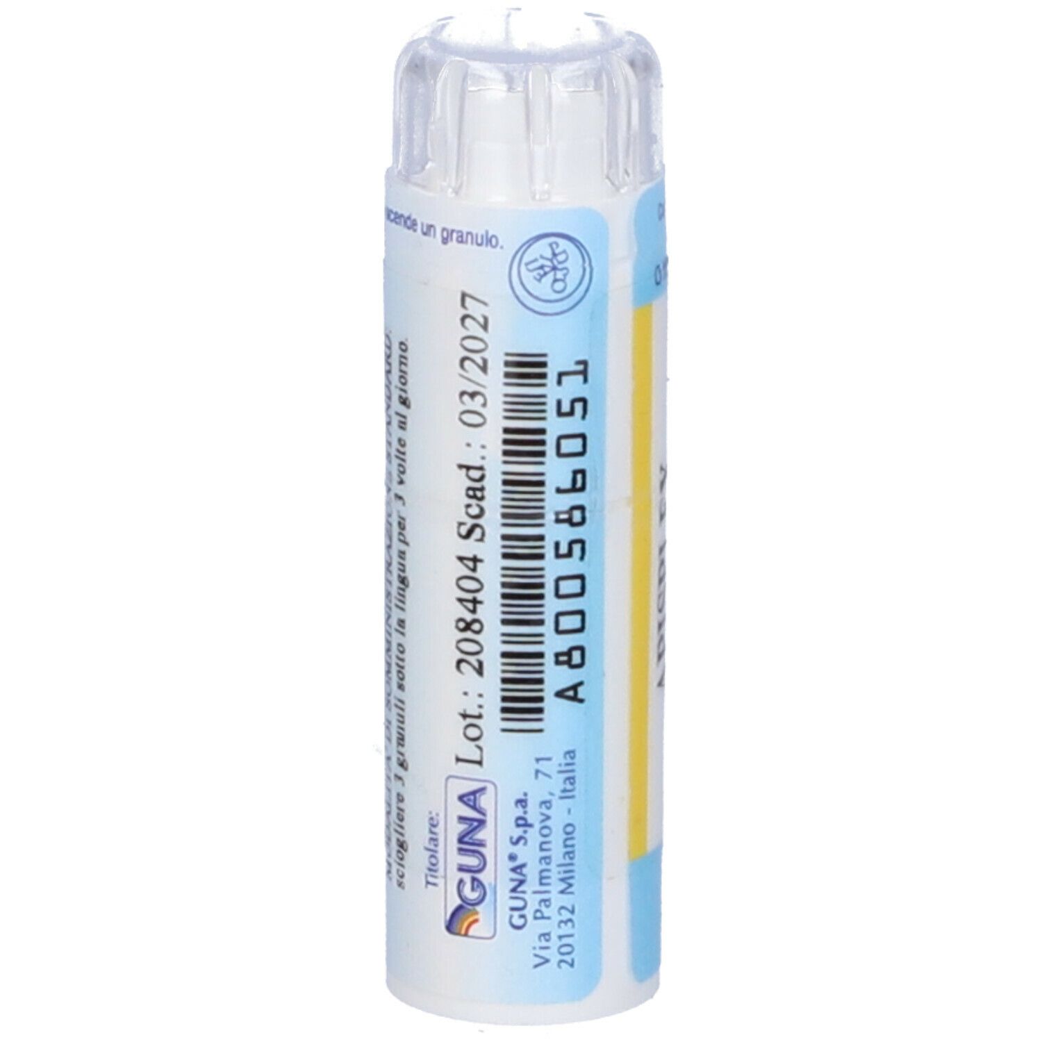 Tubo blu con tappo bianco. Scritta: GUNA S.p.a. Numero di lotto e scadenza. Indirizzo.