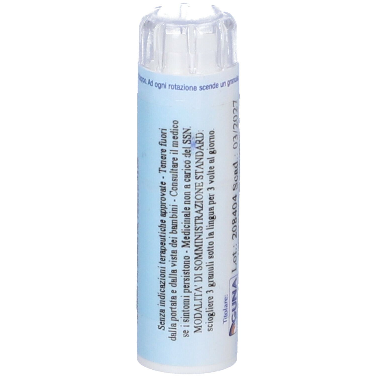 Tubo blu con tappo bianco. Scritta: Istruzioni per la somministrazione. Medicinale.