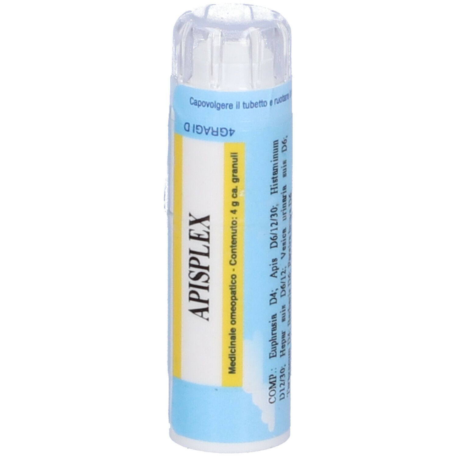 Tubo blu con tappo bianco. Scritta: APISPLEX. Contenuto: 4 g granuli. Medicinale. Ingredienti.