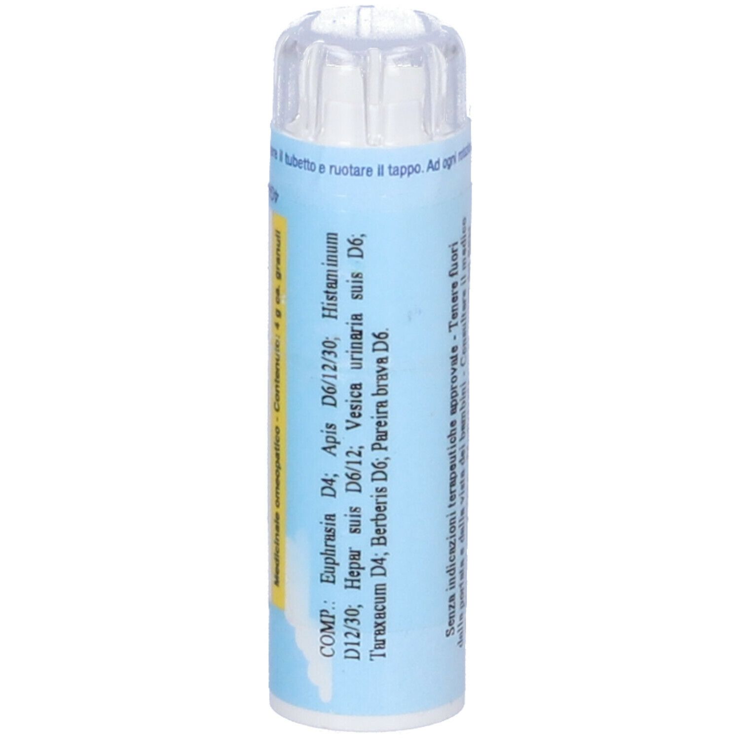 Tubo blu con tappo bianco. Scritta: Ingredienti. Medicinale. Istruzioni.
