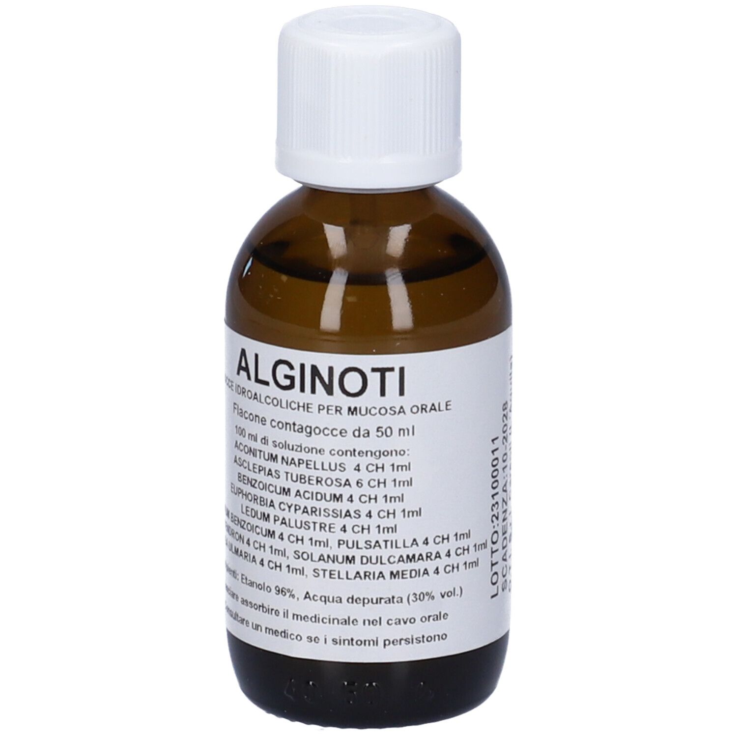 Flacone di vetro marrone con tappo bianco. Etichetta con nome e ingredienti. Contagocce.