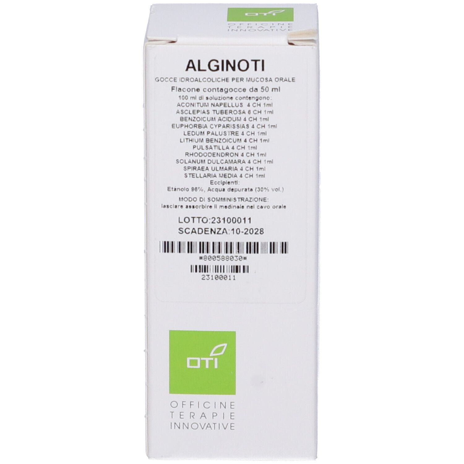 Confezione del prodotto con etichetta. Nome e informazioni. Design verde e bianco.