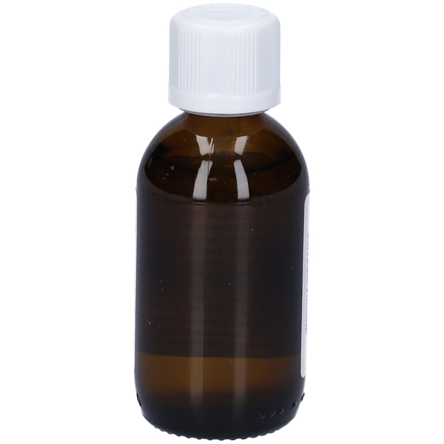 Flacone di vetro marrone con tappo bianco. Etichetta con testo parziale. Nome del prodotto parzialmente leggibile. Liquido marrone visibile.