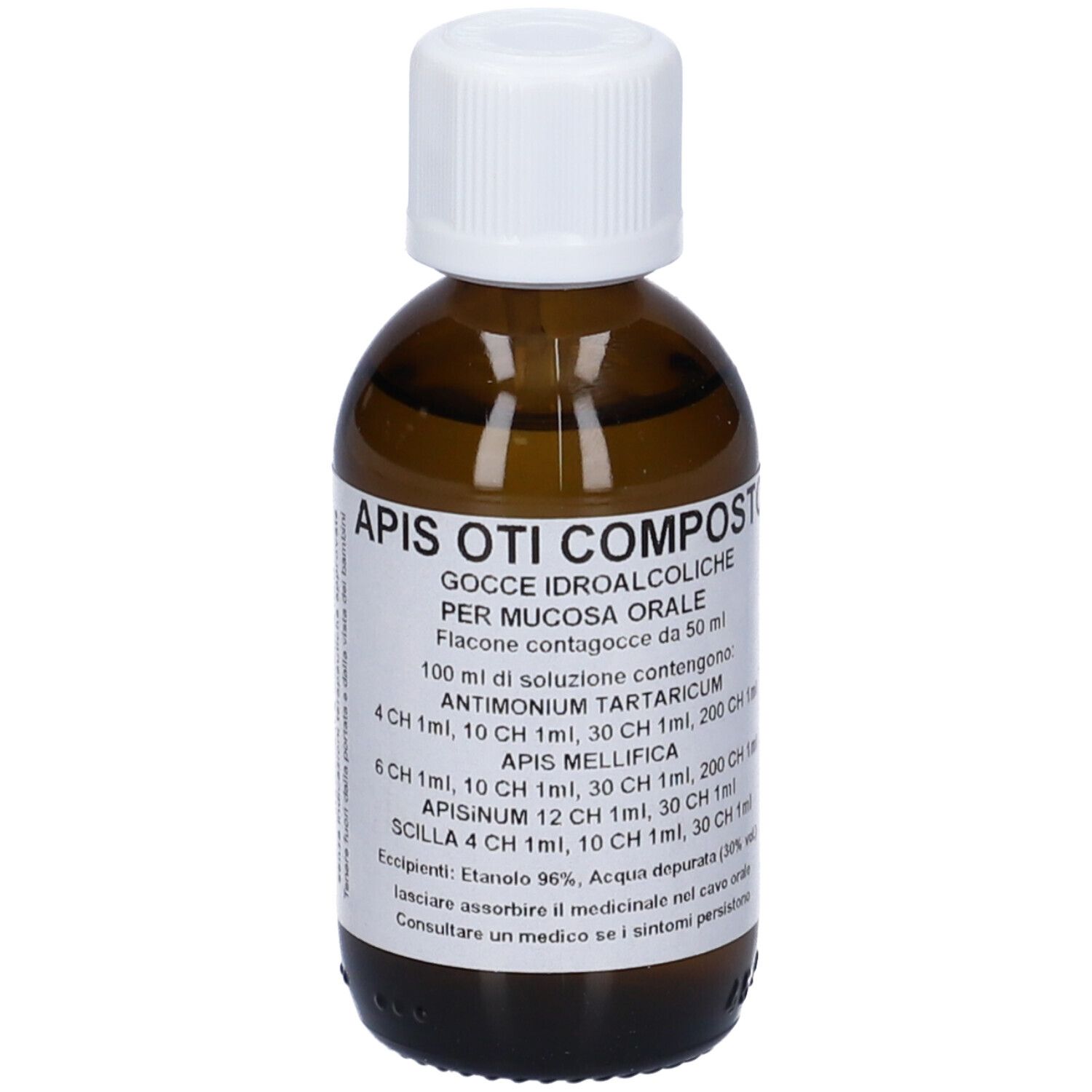 Flacone di vetro marrone con tappo bianco. Etichetta con testo: Apis Oti Composto, Gocce Idroalcoliche. Contiene ingredienti e dosaggio.