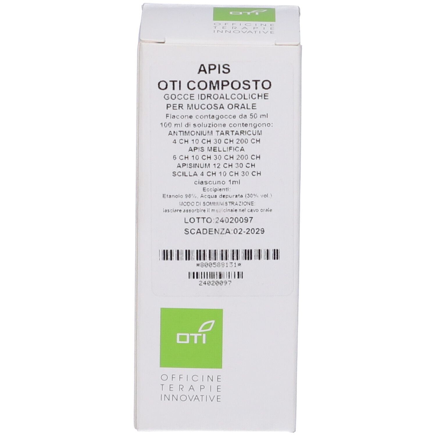 Confezione bianca con testo: Apis Oti Composto, Gocce Idroalcoliche. Contiene ingredienti e dosaggio. Logo: Oti Officine Terapie Innovative.