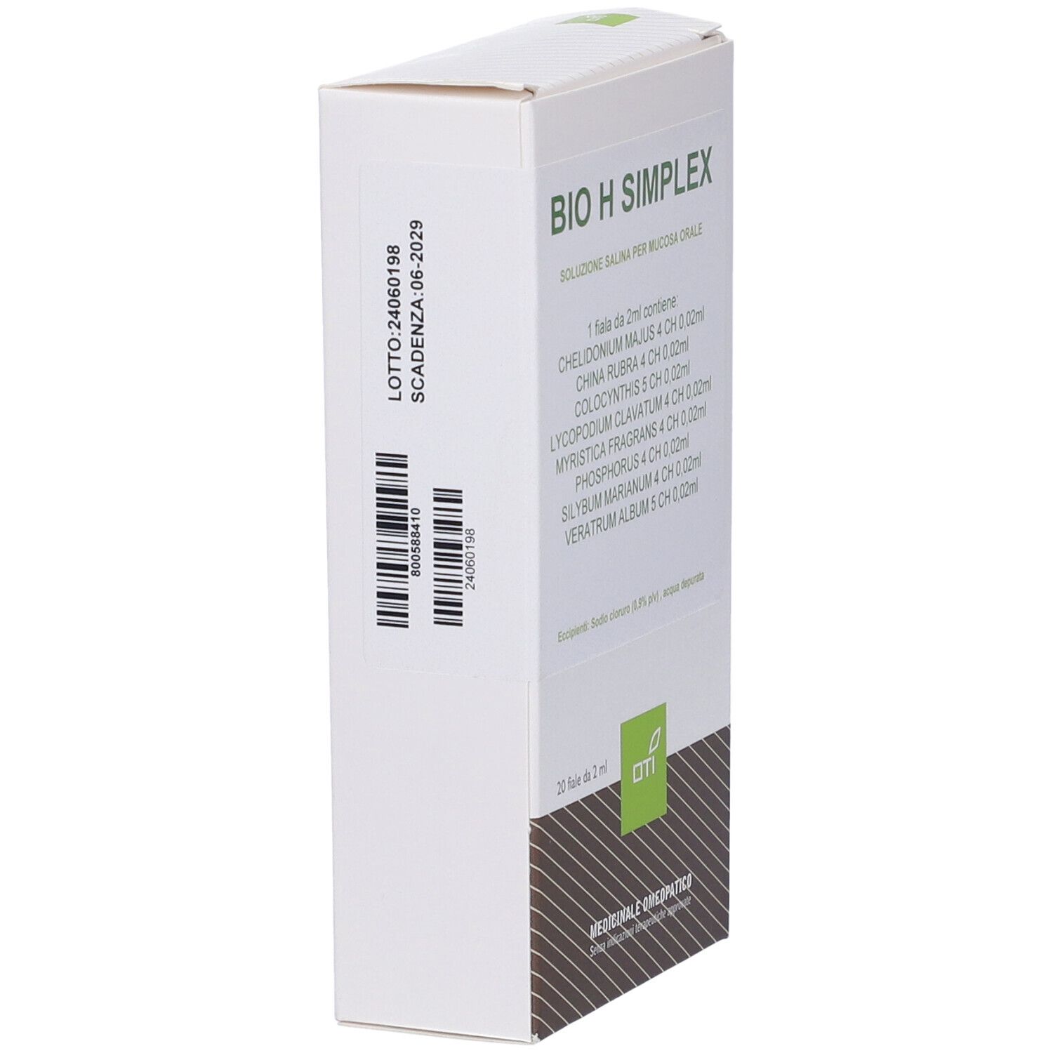 Lato scatola bianca. Testo: "BIO H SIMPLEX". Codice a barre e numero di lotto. Logo OTI.