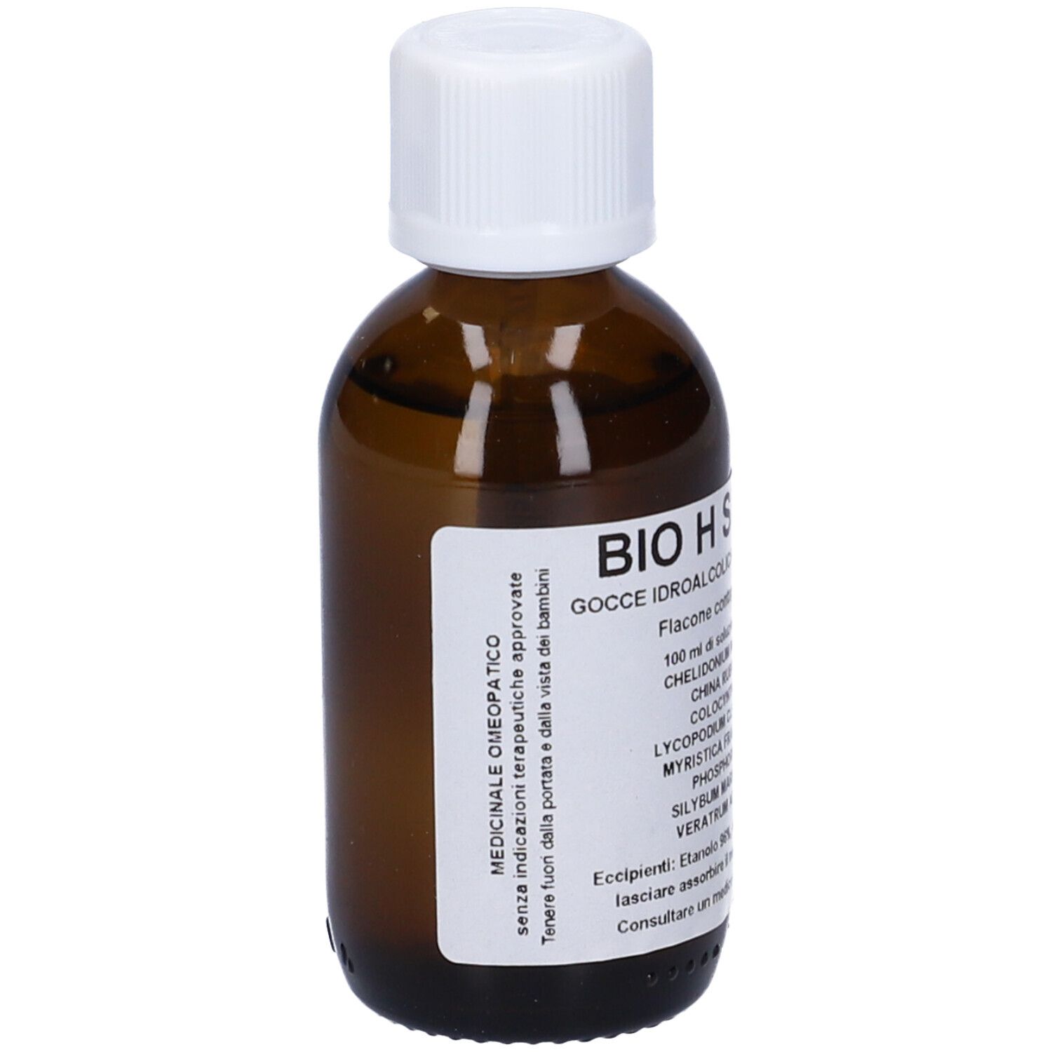 Flacone di vetro marrone con tappo bianco. Etichetta con testo: BIO H SIMPLEX, gocce, ingredienti.