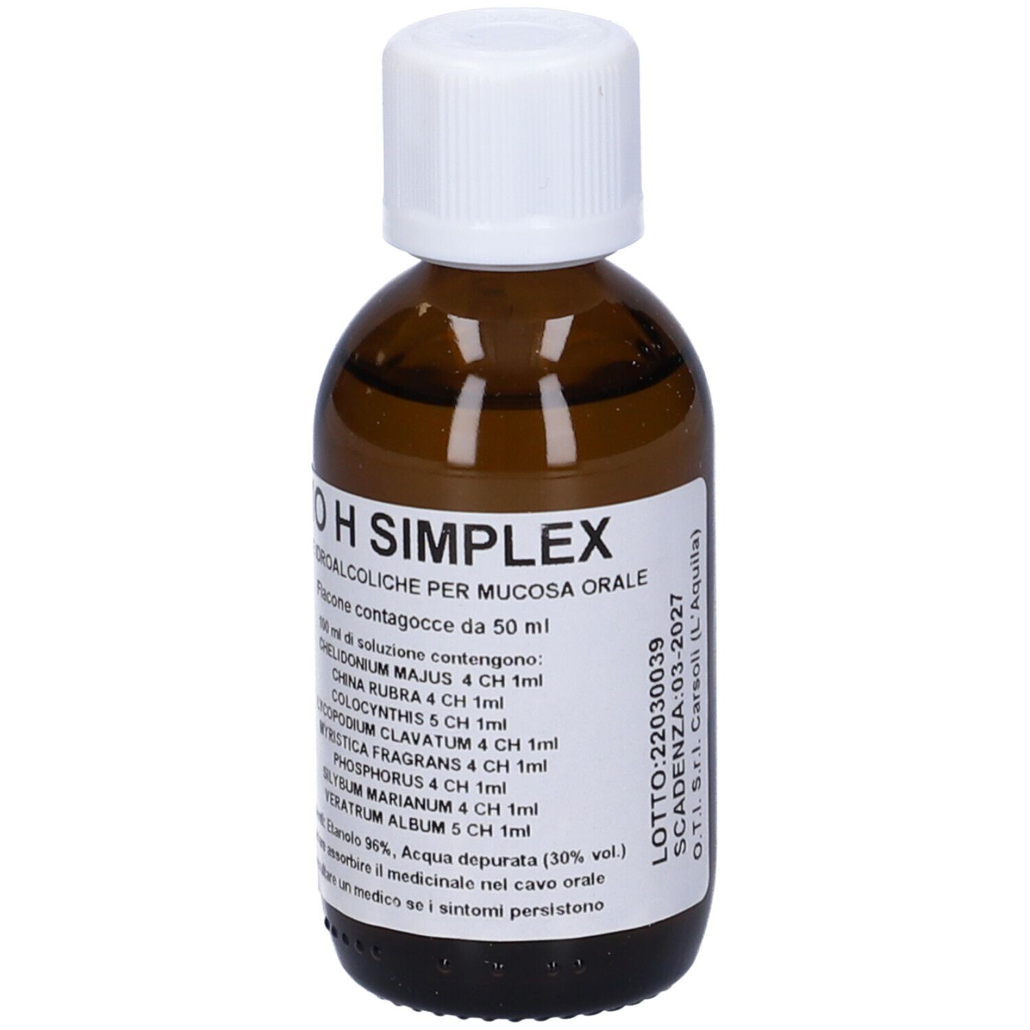 Flacone di vetro marrone con tappo bianco. Etichetta con testo: BIO H SIMPLEX, gocce, ingredienti, numero di lotto.
