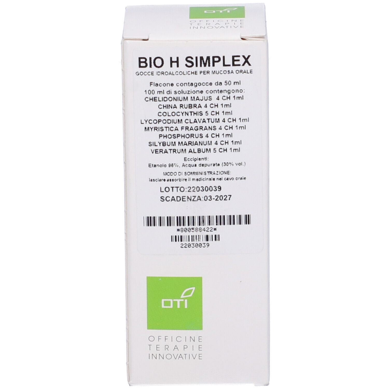 Scatola con testo: BIO H SIMPLEX, gocce, ingredienti, numero di lotto, data di scadenza.