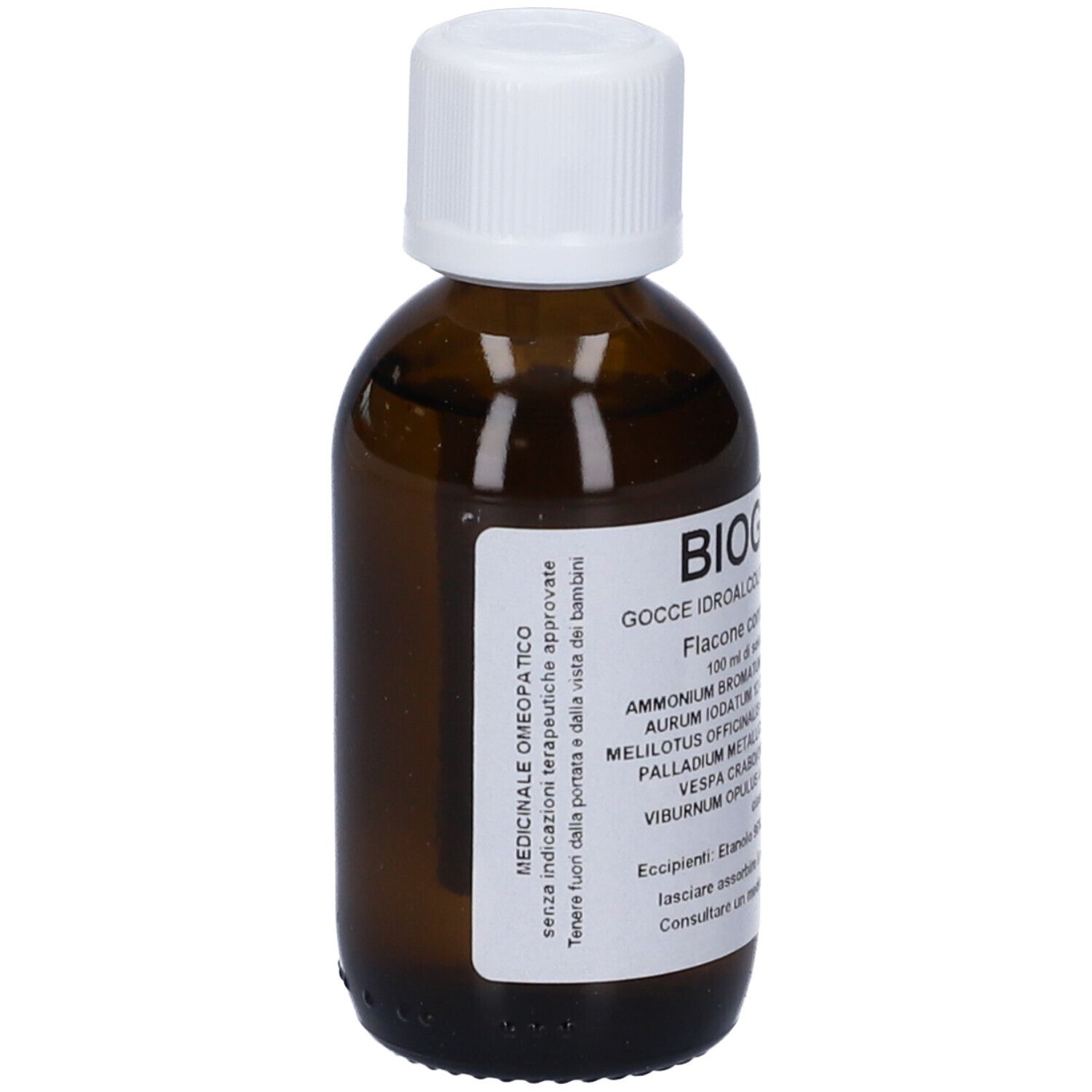 Flacone di vetro marrone con tappo bianco. Etichetta con informazioni sul prodotto. Liquido.