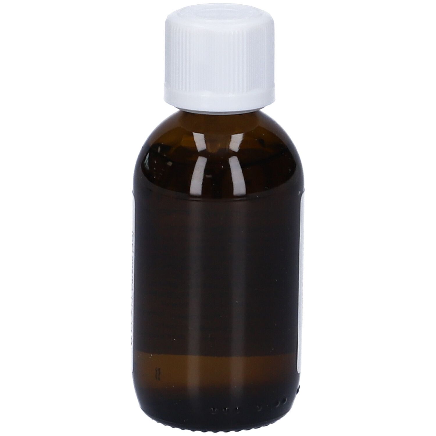 Flacone di vetro marrone con tappo bianco. Etichetta con informazioni sul prodotto. Liquido.