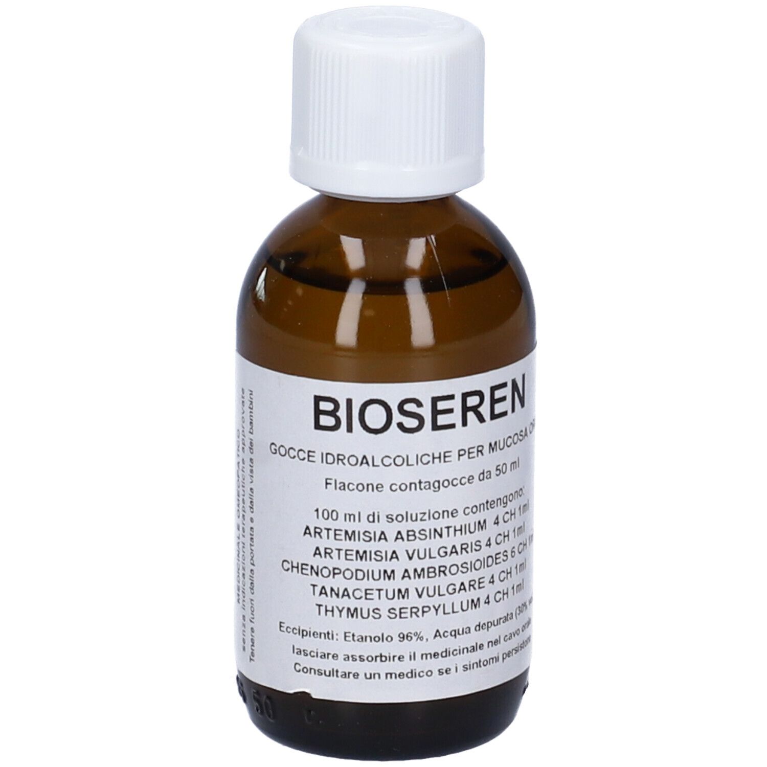 Flacone di vetro marrone con tappo bianco. Etichetta con nome del prodotto e ingredienti. Flacone contagocce.