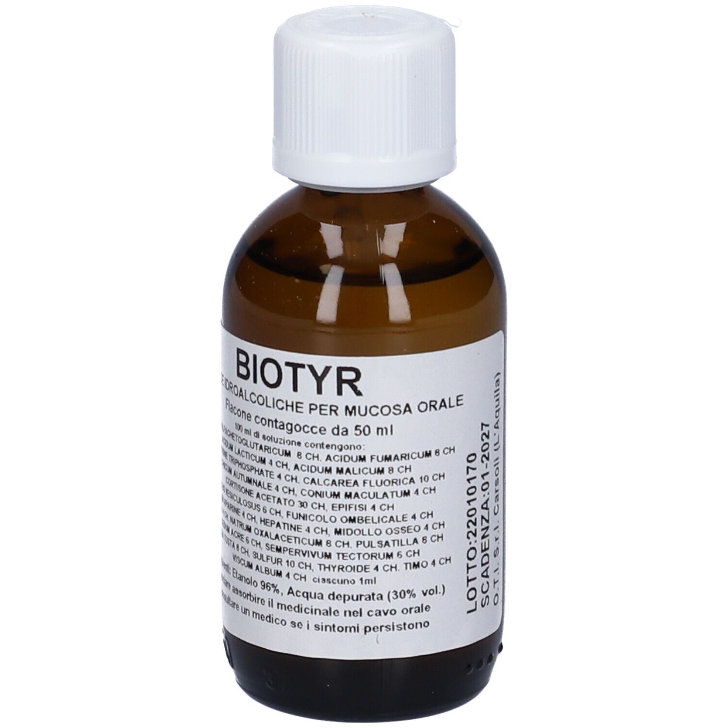 Flacone di vetro marrone con tappo bianco. Etichetta con testo. Nome del prodotto: Biotyr. Soluzione per la mucosa orale.