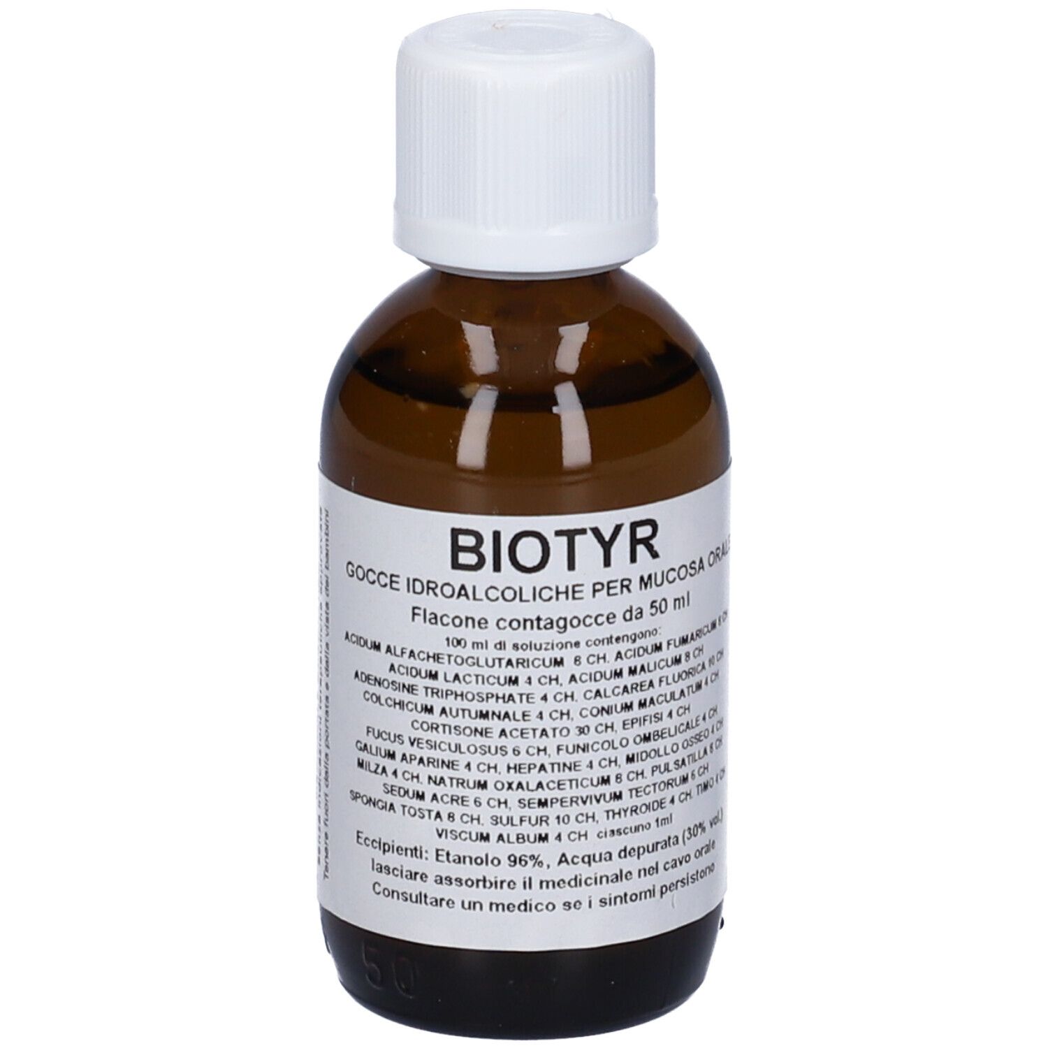 Flacone di vetro marrone con tappo bianco. Etichetta con testo. Nome del prodotto: Biotyr. Soluzione per la mucosa orale.