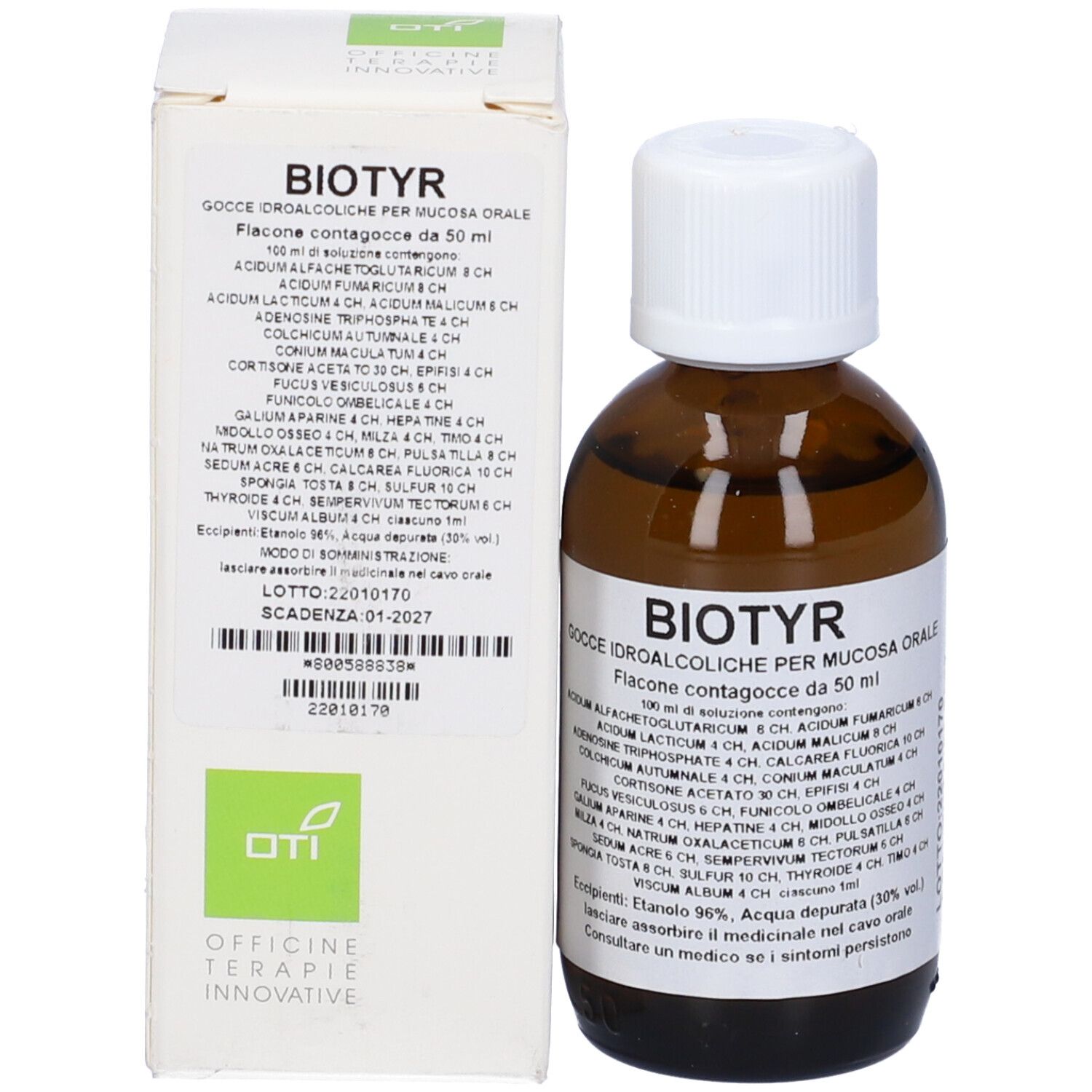 Confezione del prodotto con flacone e scatola. Nome del prodotto: Biotyr. Soluzione per la mucosa orale. Logo Oti.