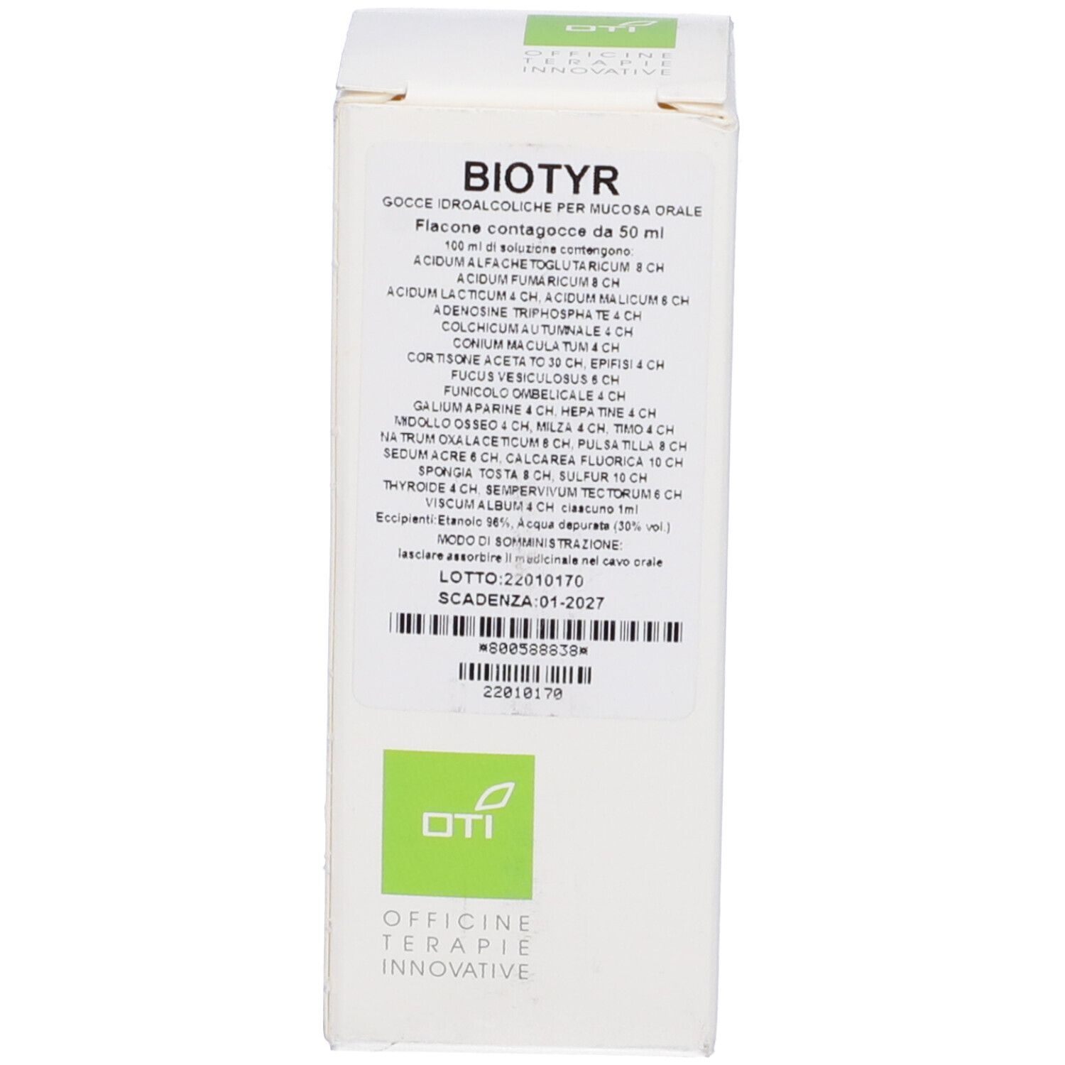 Confezione del prodotto. Nome del prodotto: Biotyr. Soluzione per la mucosa orale. Logo Oti. Testo sulla confezione.