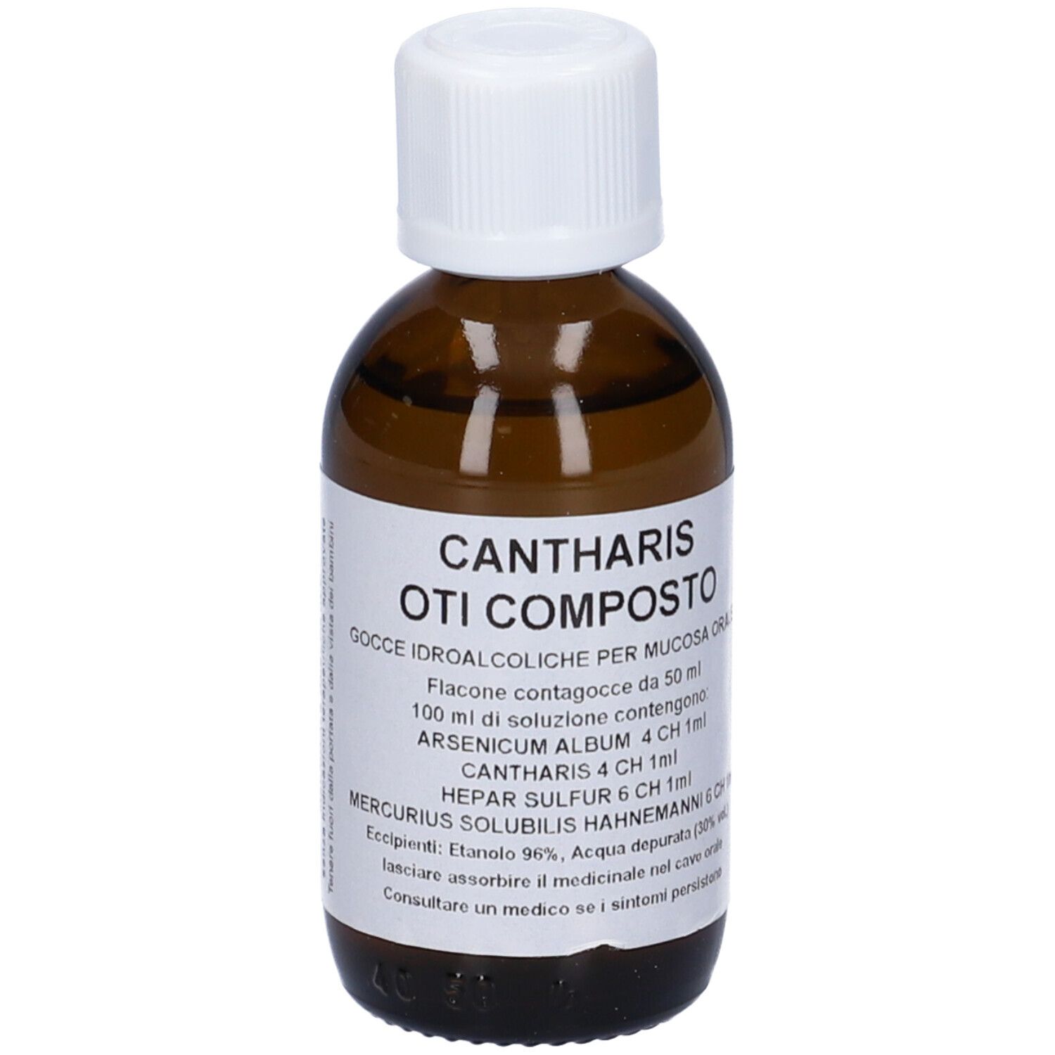 Flacone di vetro marrone con tappo bianco. Etichetta con nome e ingredienti. Contagocce.