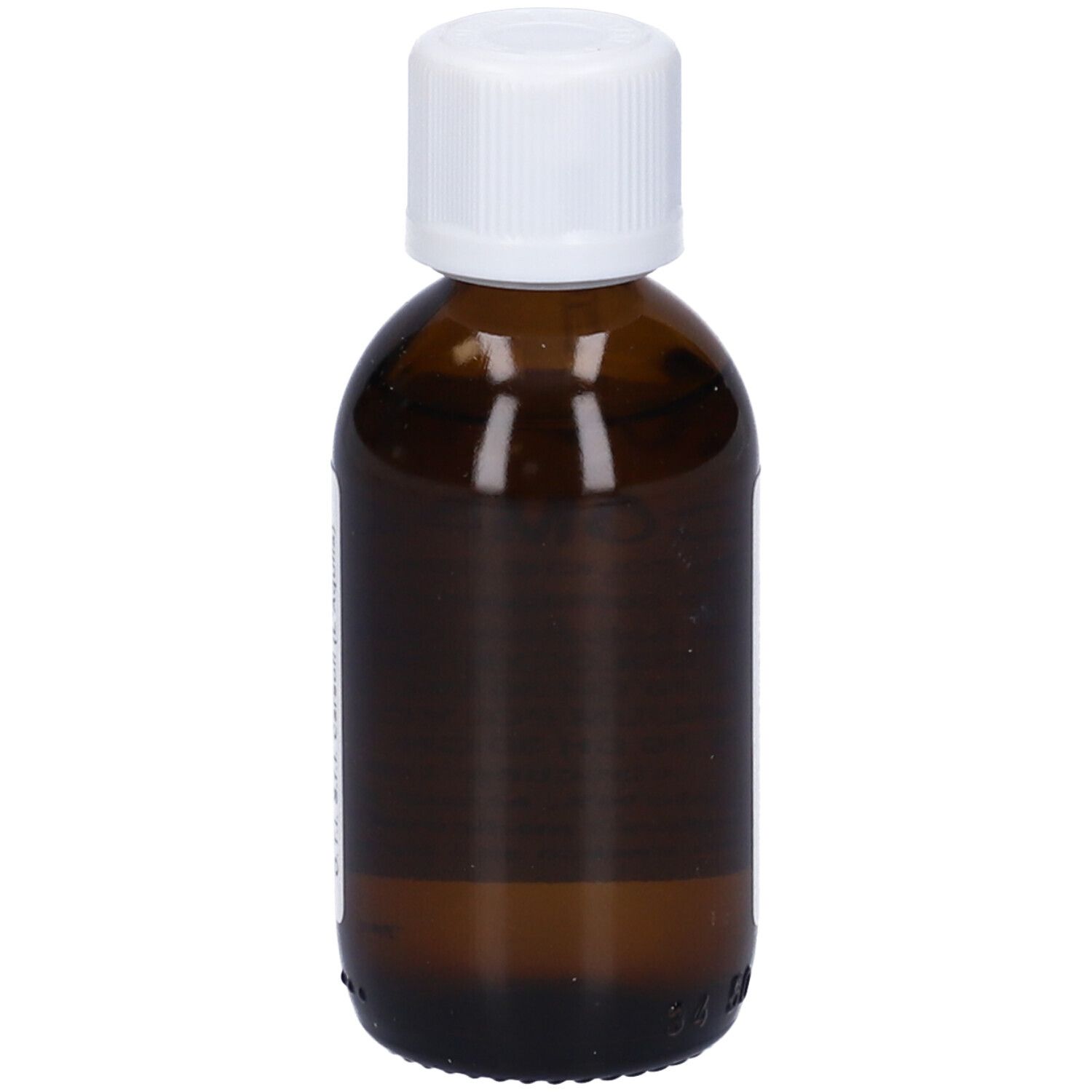 Flacone di vetro marrone con tappo bianco. Nessuna etichetta visibile.