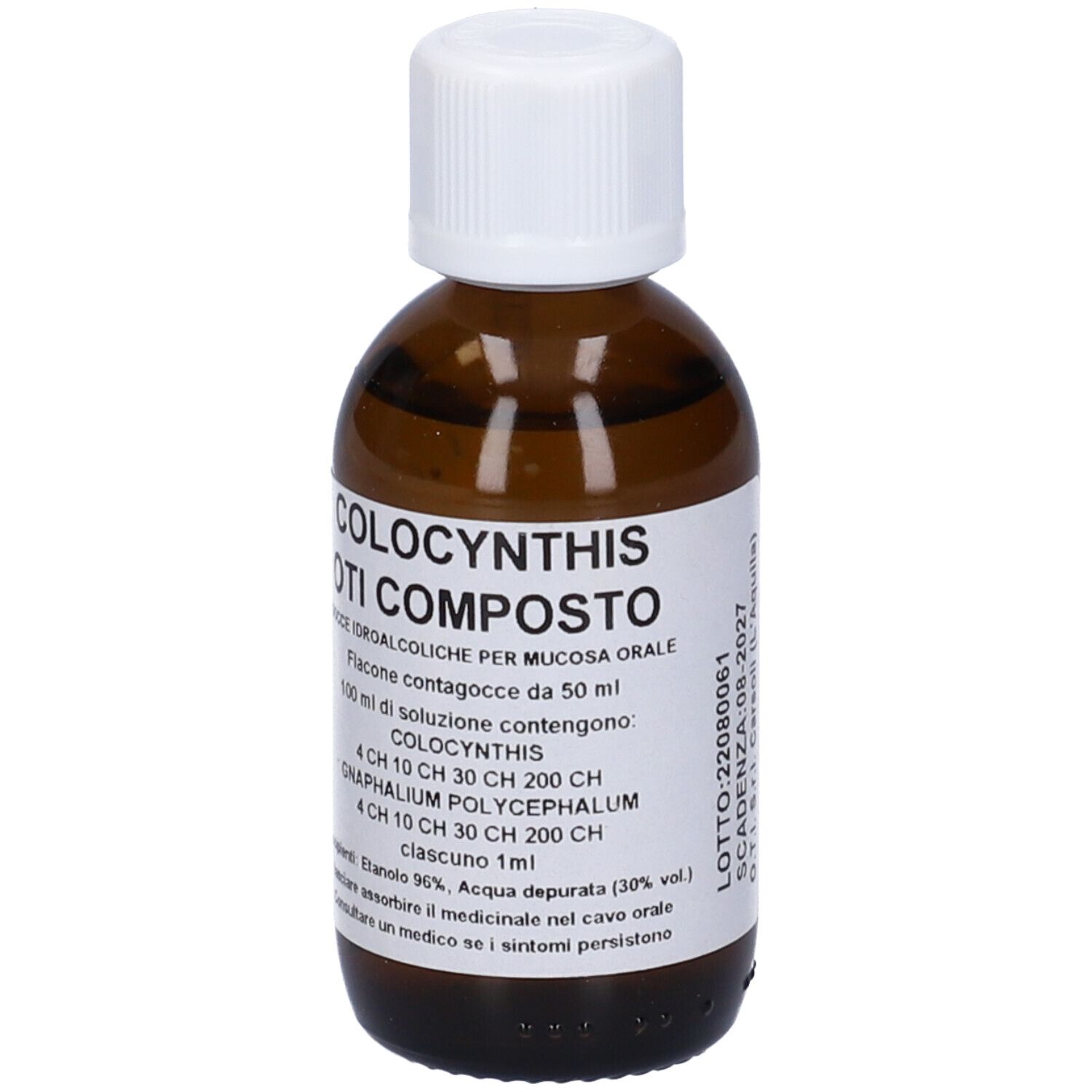 Flacone di vetro marrone con tappo bianco. Etichetta con testo. Nome prodotto: Colocynthis Oti Composto. Dettagli.