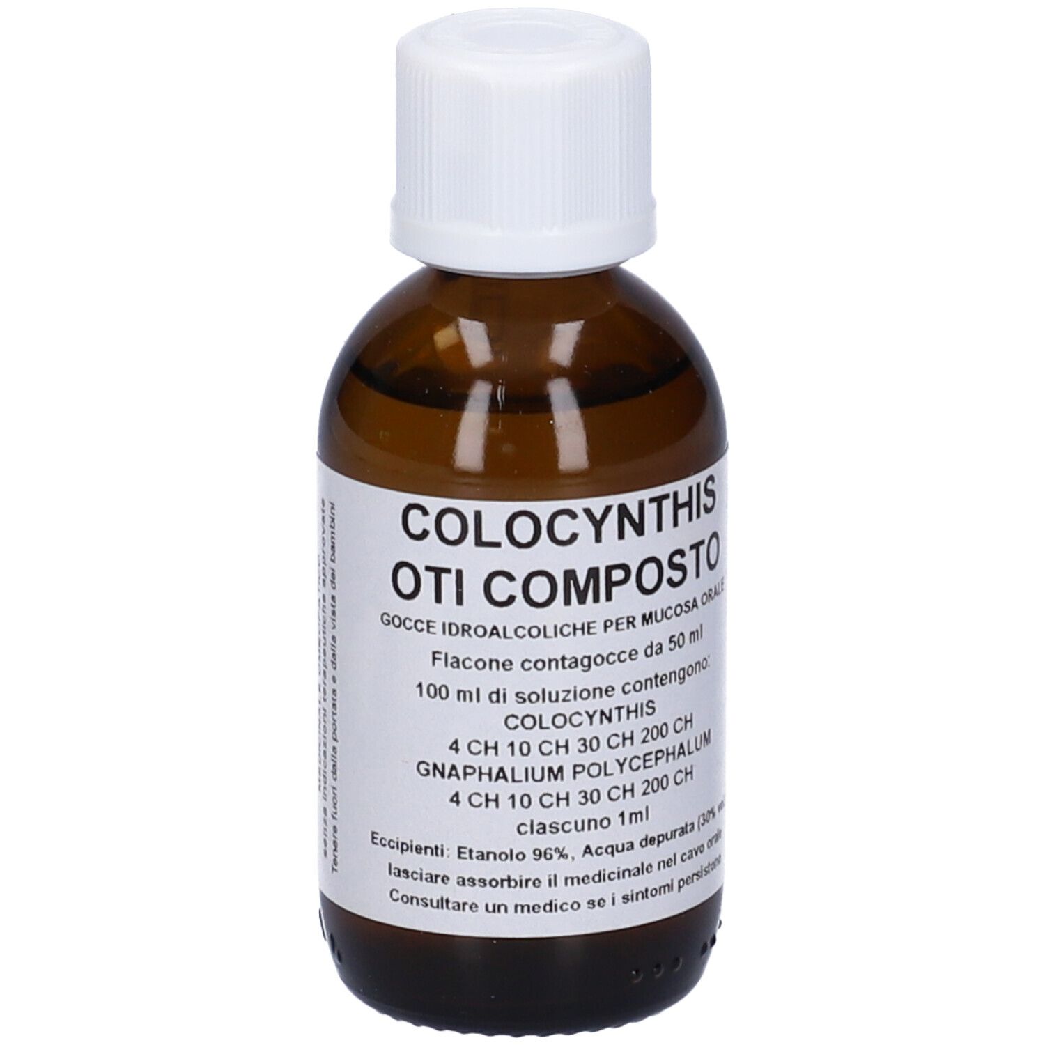 Flacone di vetro marrone con tappo bianco. Etichetta con testo. Nome prodotto: Colocynthis Oti Composto. Dettagli.
