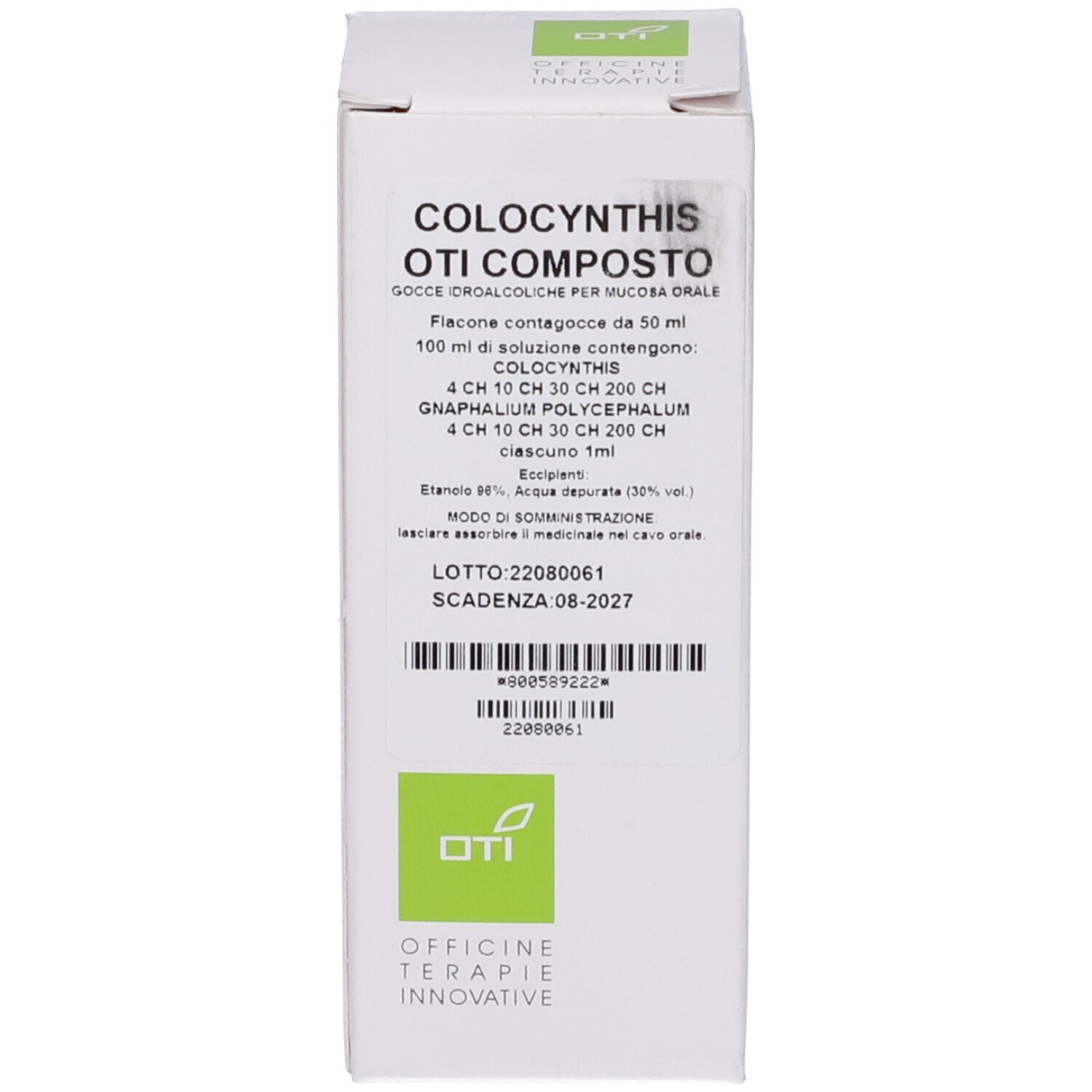 Scatola con testo. Nome prodotto: Colocynthis Oti Composto. Logo: Oti. Dettagli.