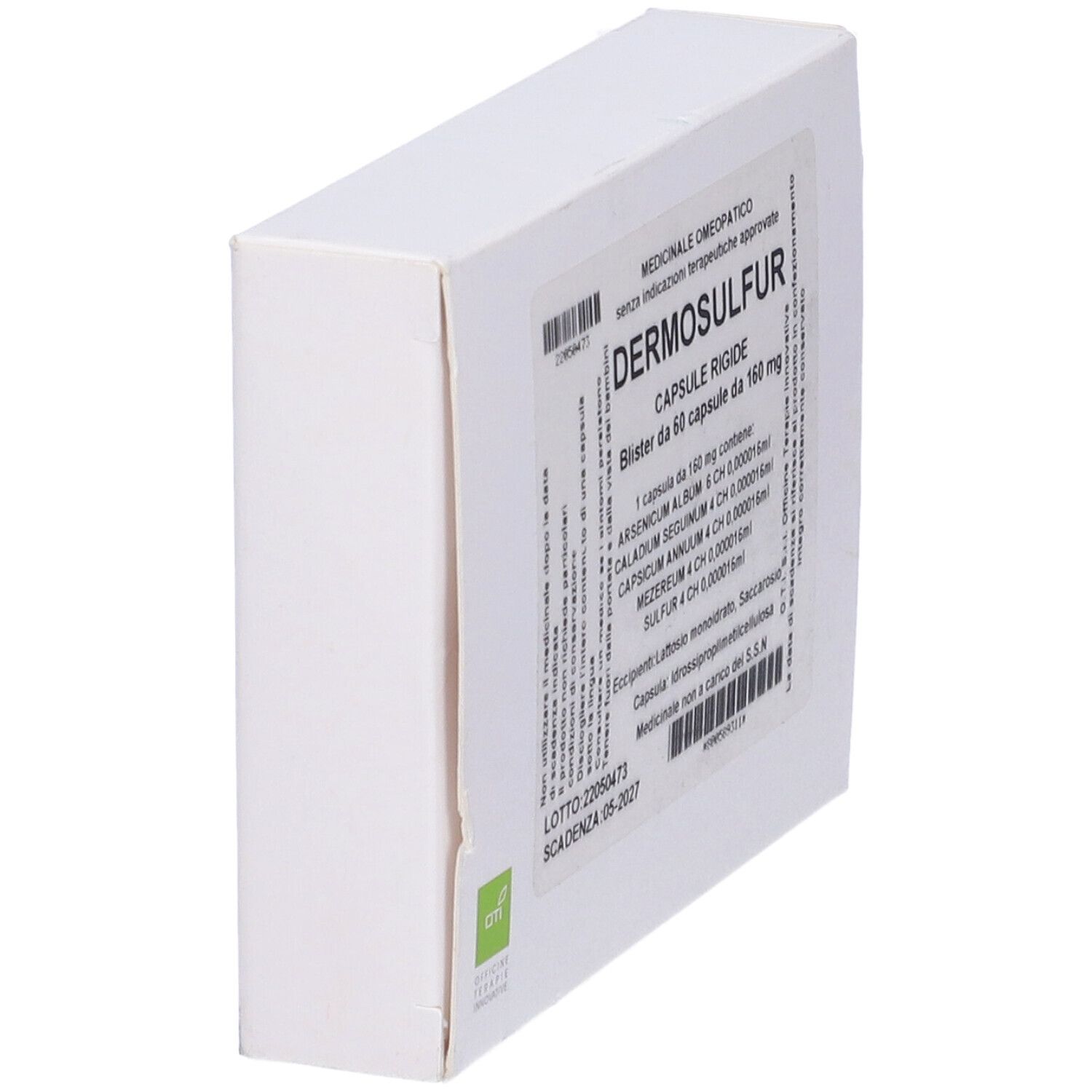 Scatola bianca, vista obliqua. Stampa con nome del prodotto e ingredienti. Forma quadrata.