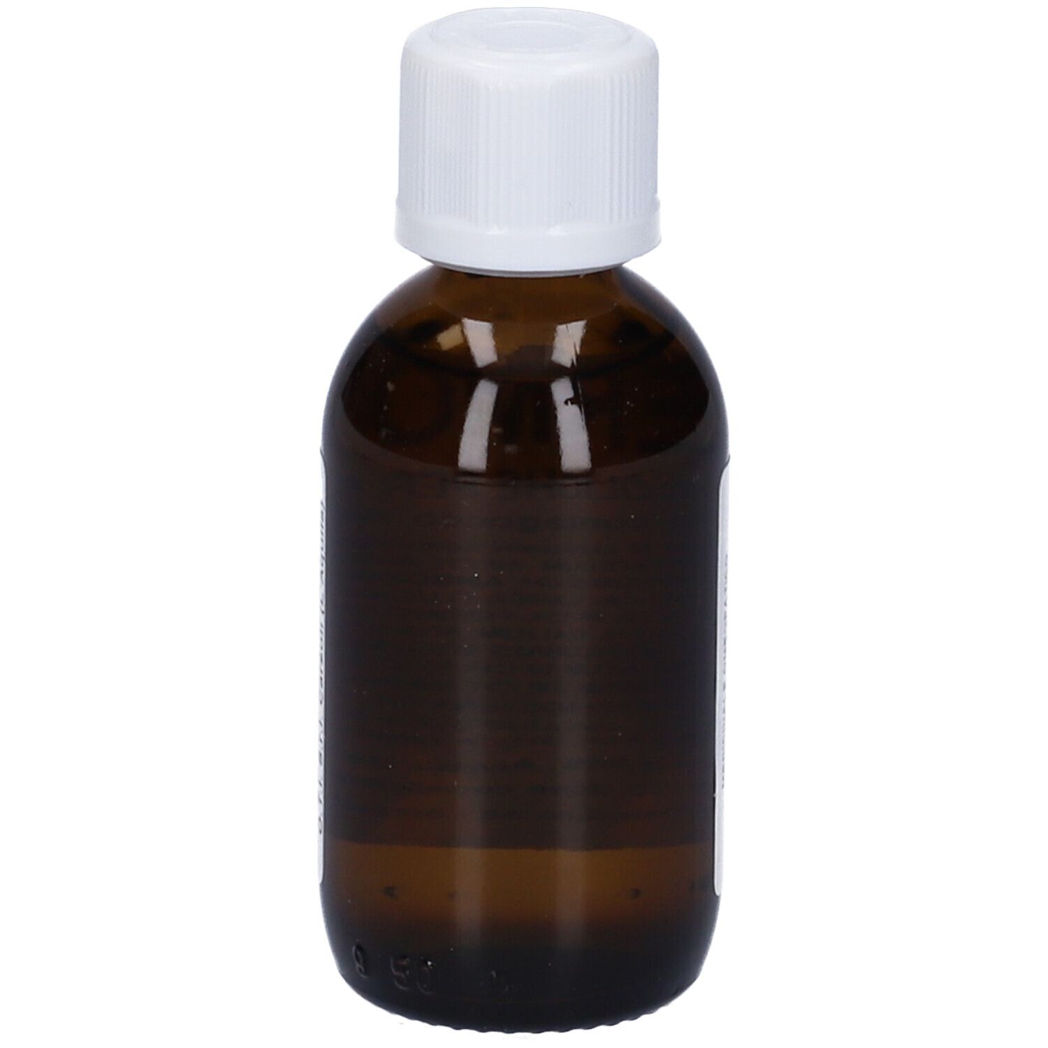 Flacone di vetro marrone con tappo bianco. Etichetta con testo. Prodotto per la mucosa orale. Flacone contagocce.