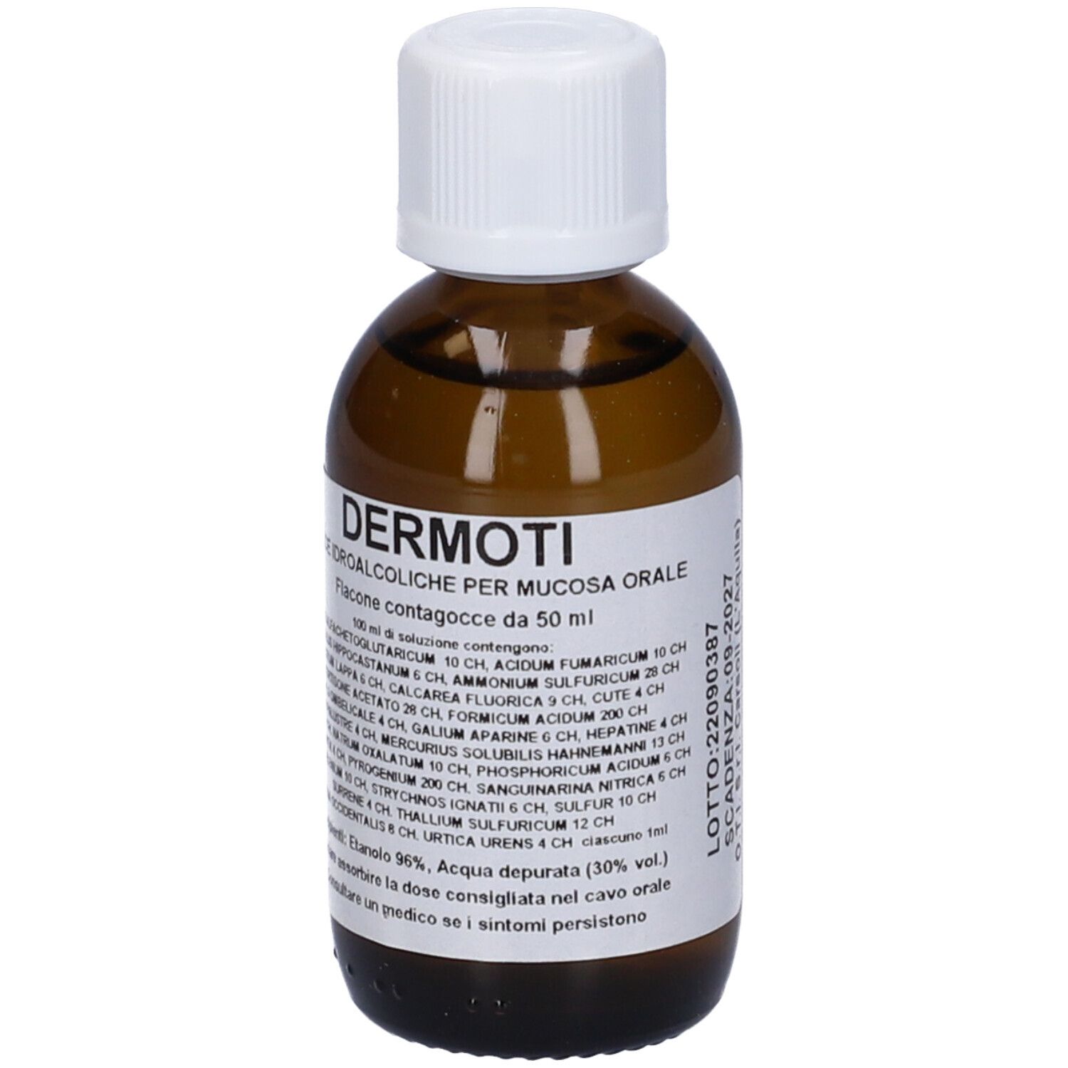 Flacone di vetro marrone con tappo bianco. Etichetta con testo: Dermoti, Gocce Idroalcoliche. Flacone contagocce.
