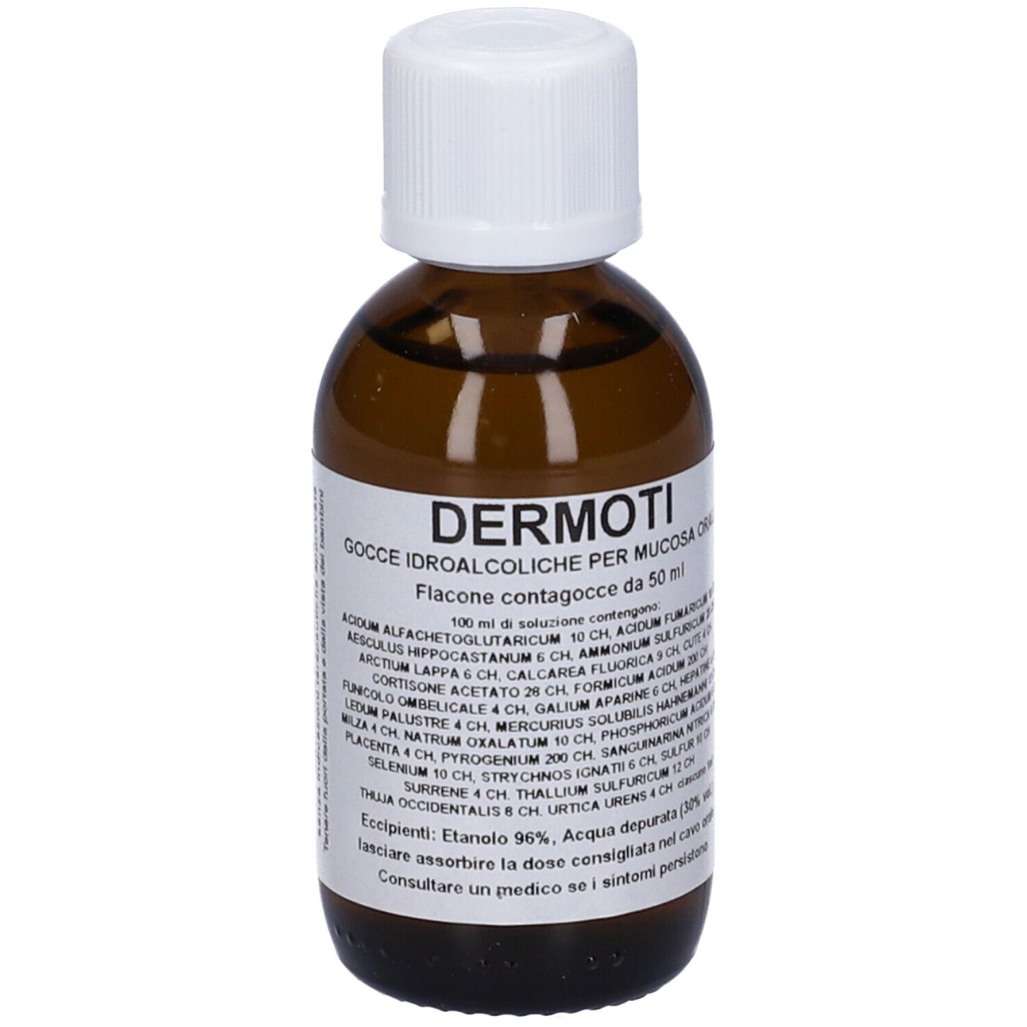 Flacone di vetro marrone con tappo bianco. Etichetta con testo: Dermoti, Gocce Idroalcoliche. Flacone contagocce.