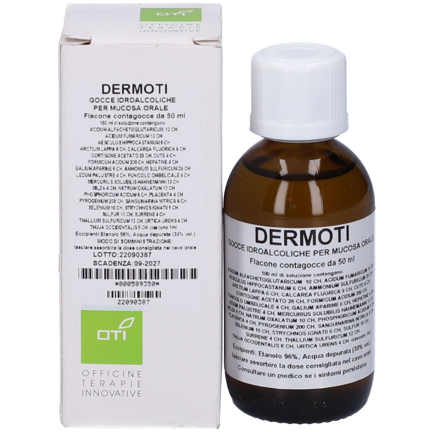 Confezione del prodotto con flacone e scatola. Sulla scatola: Dermoti, Gocce Idroalcoliche. Flacone contagocce.