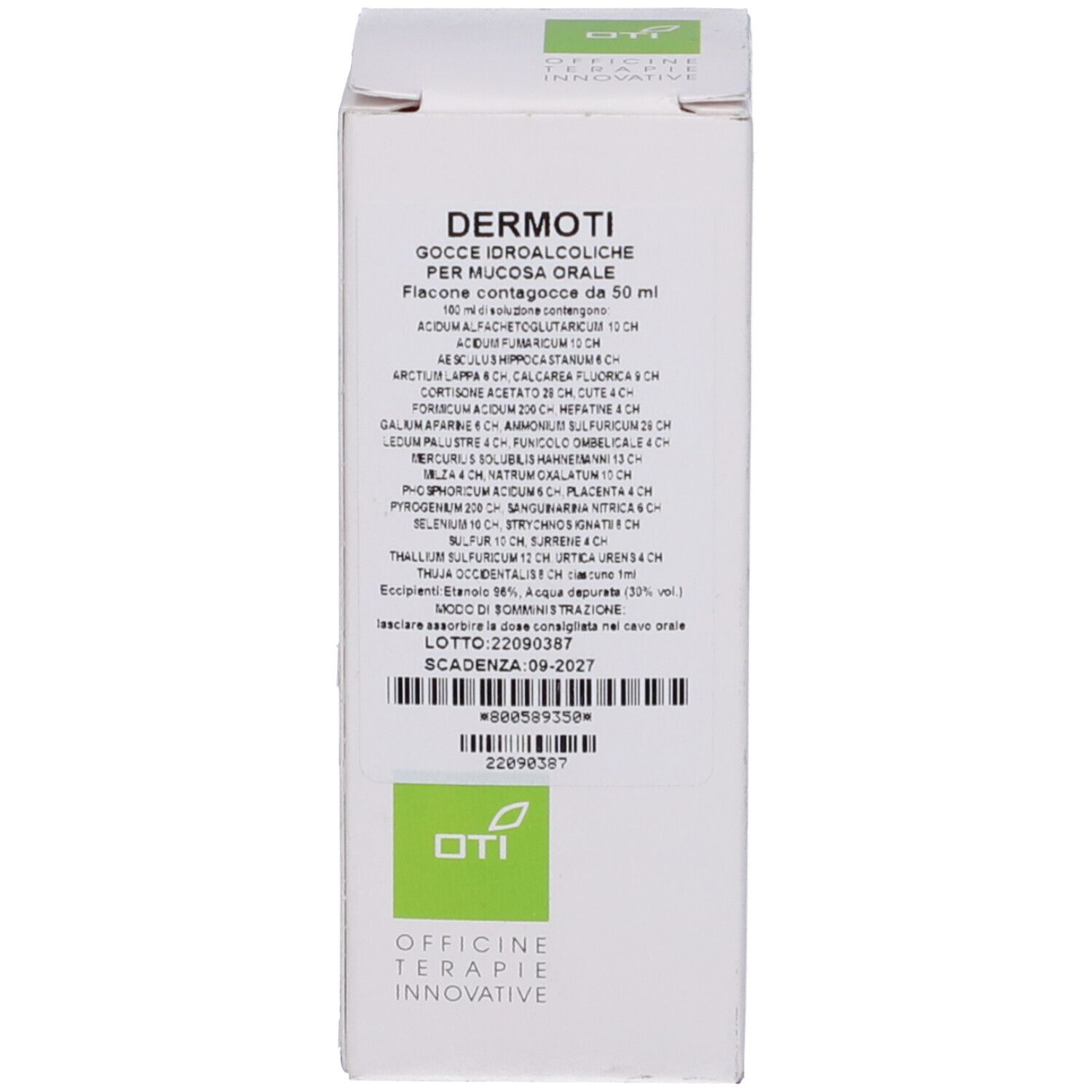 Confezione del prodotto, scatola. Sulla scatola: Dermoti, Gocce Idroalcoliche. Testo, logo e informazioni.
