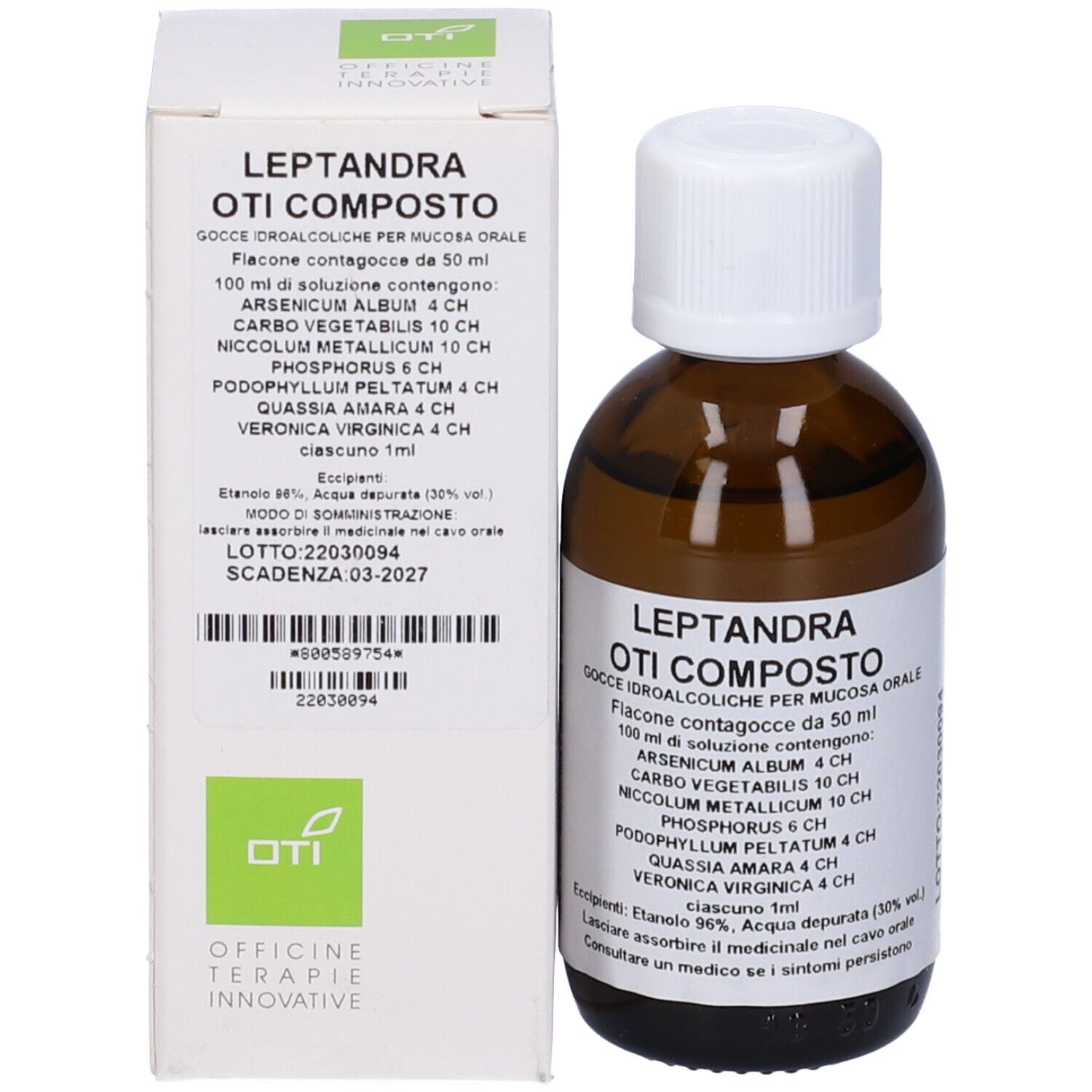 Flacone e confezione del prodotto. Oti Comp Gocce, flacone e scatola con testo.