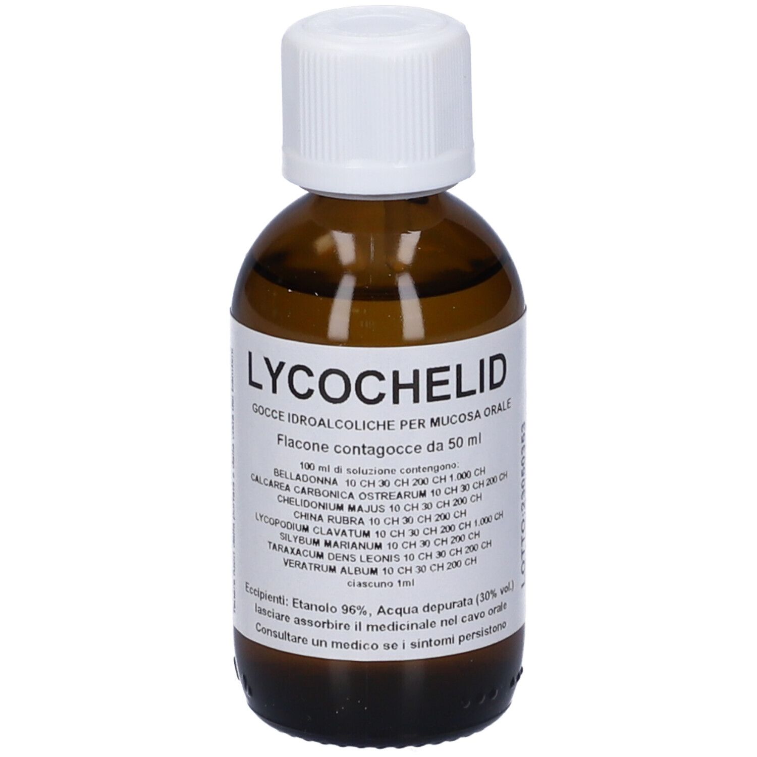 Flacone vetro marrone, tappo bianco. Etichetta: Lycochelid, Gocce, 50 ml.