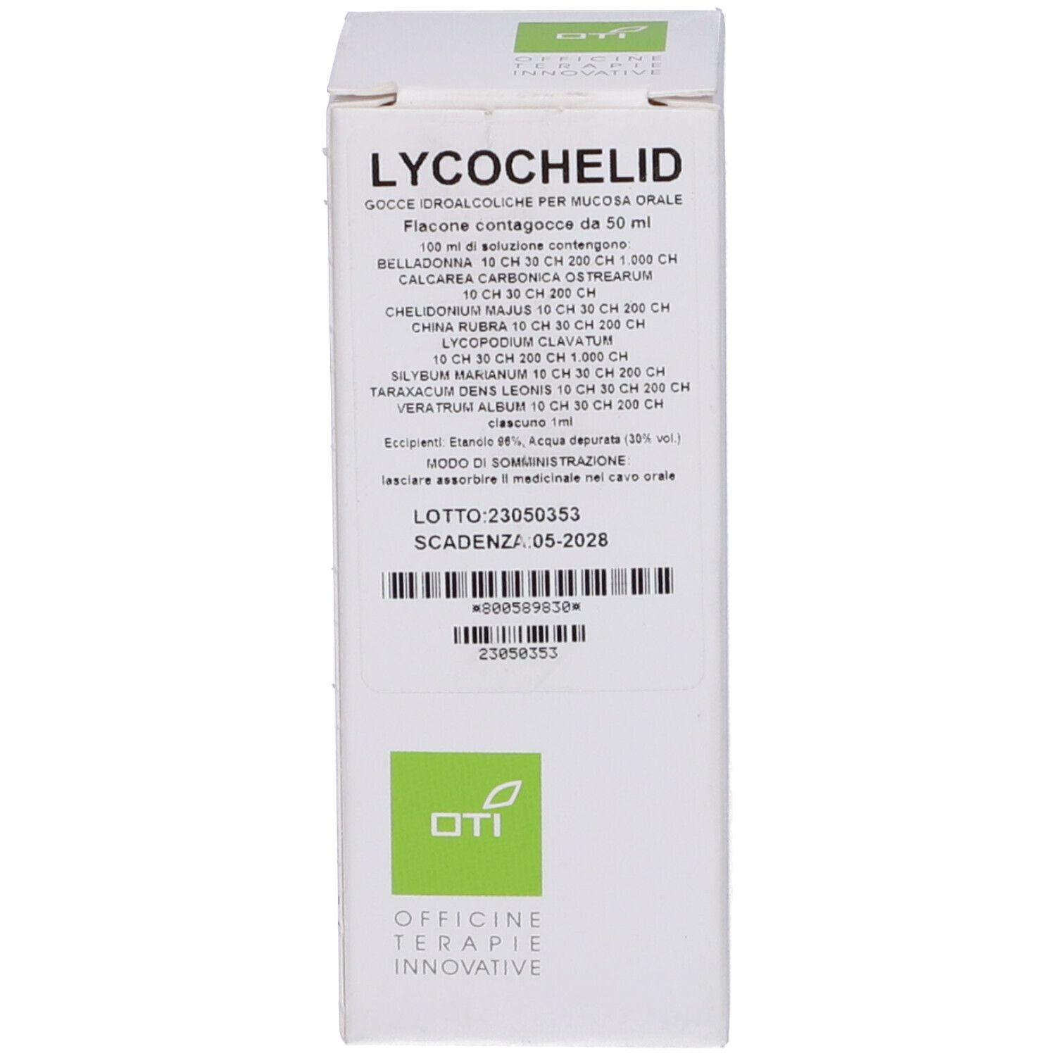 Prodotto Lycochelid, scatola. Bianco, verde. Testo e logo OTI.