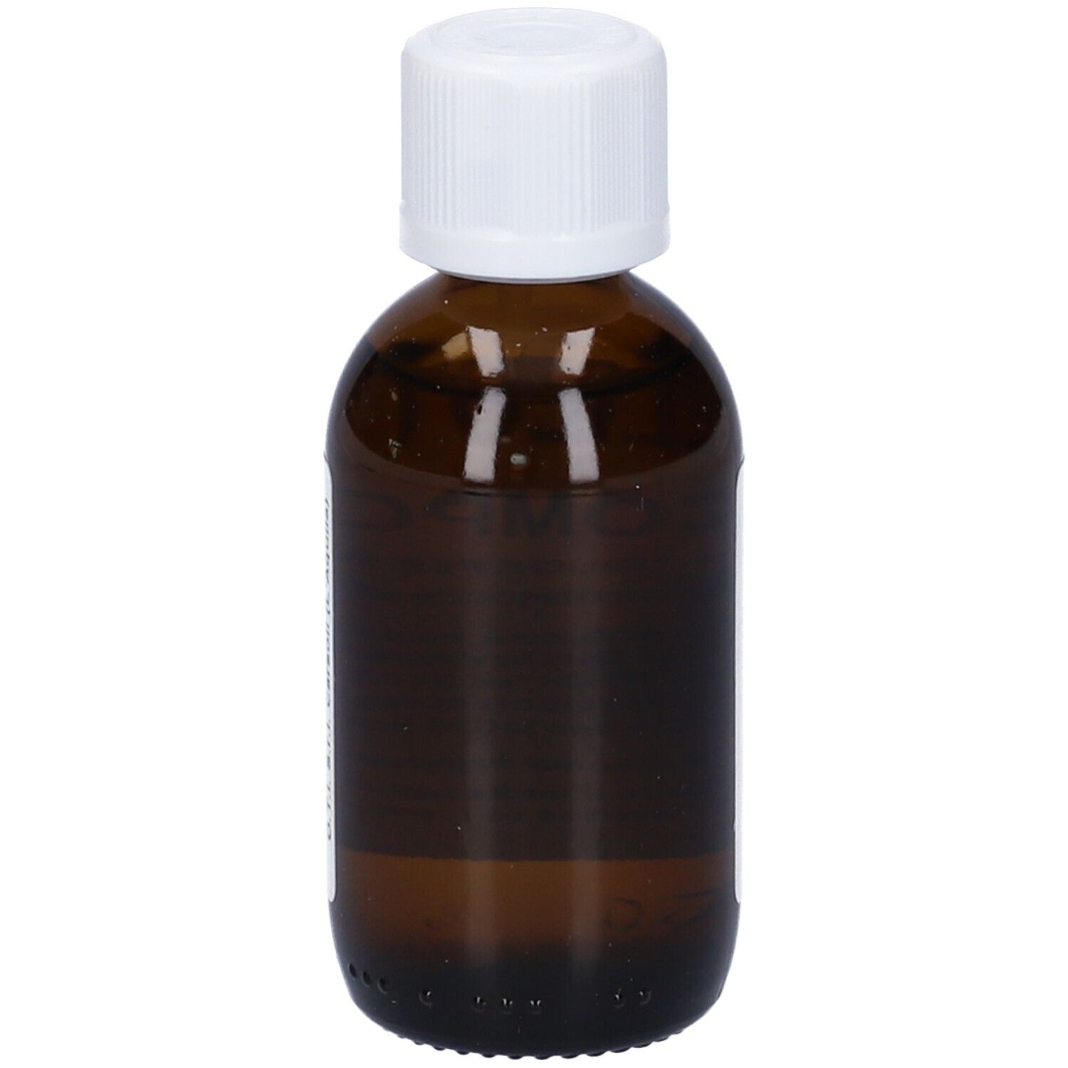 Flacone di vetro marrone con tappo bianco. Nessun dettaglio dell'etichetta visibile. Contiene un liquido. Flacone con contagocce.
