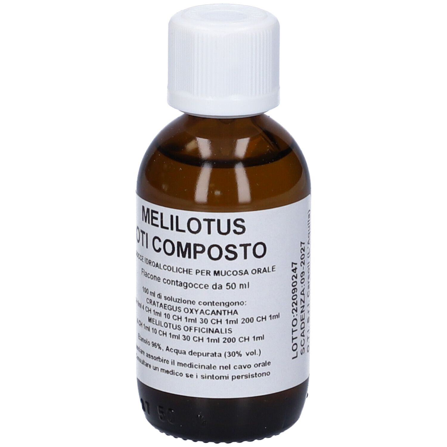 Flacone di vetro marrone con tappo bianco ed etichetta. Scritta: Melilotus Oti Composto, Gocce Idroalcoliche. Flacone da 50 ml.