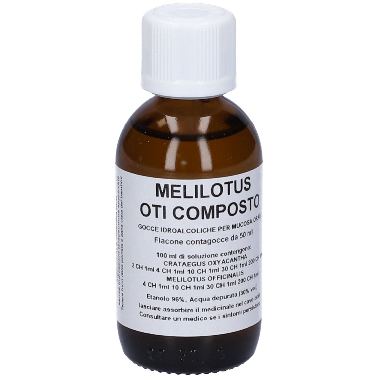 Flacone di vetro marrone con tappo bianco ed etichetta. Scritta: Melilotus Oti Composto, Gocce Idroalcoliche. Flacone da 50 ml.