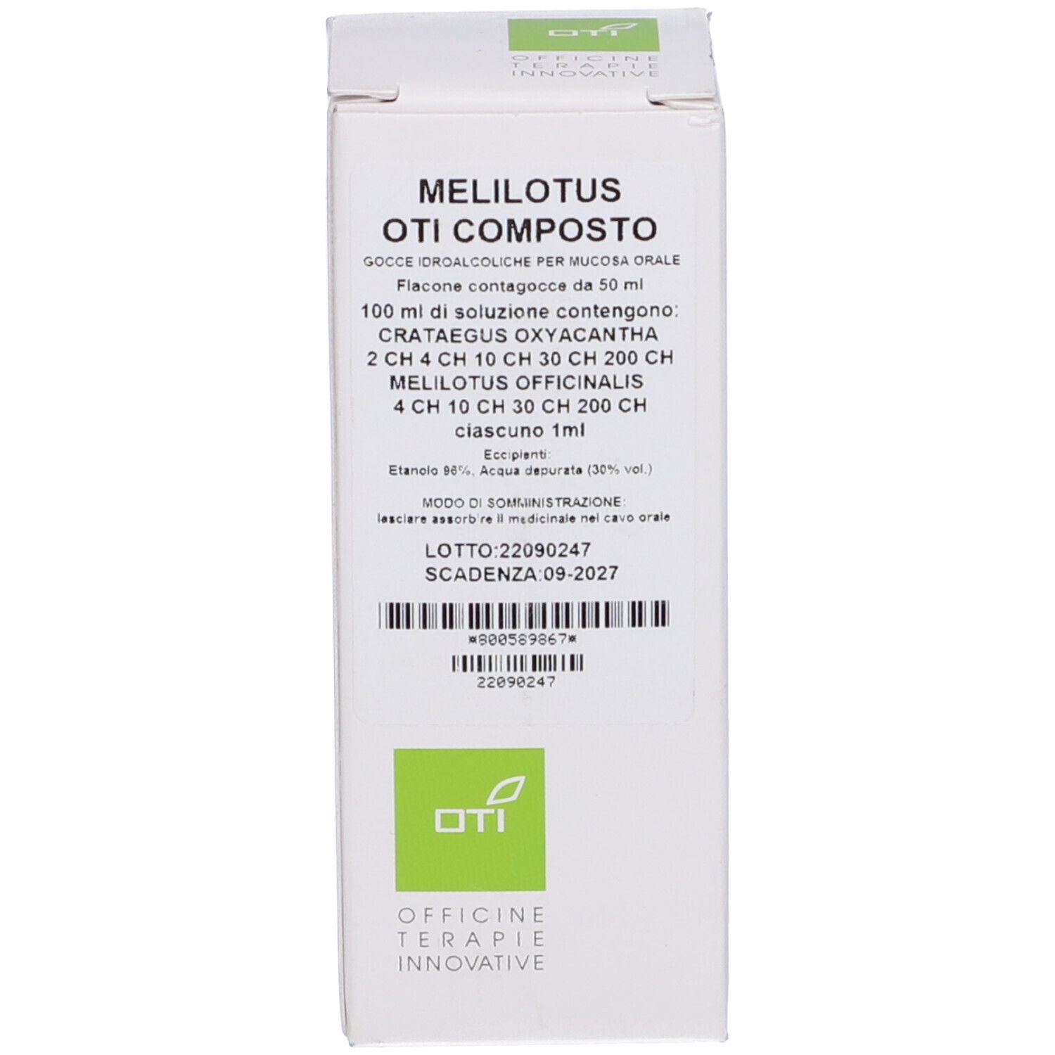 Confezione bianca del prodotto con accenti verdi. Scritta: Melilotus Oti Composto, Gocce Idroalcoliche. Contiene un flacone da 50 ml.