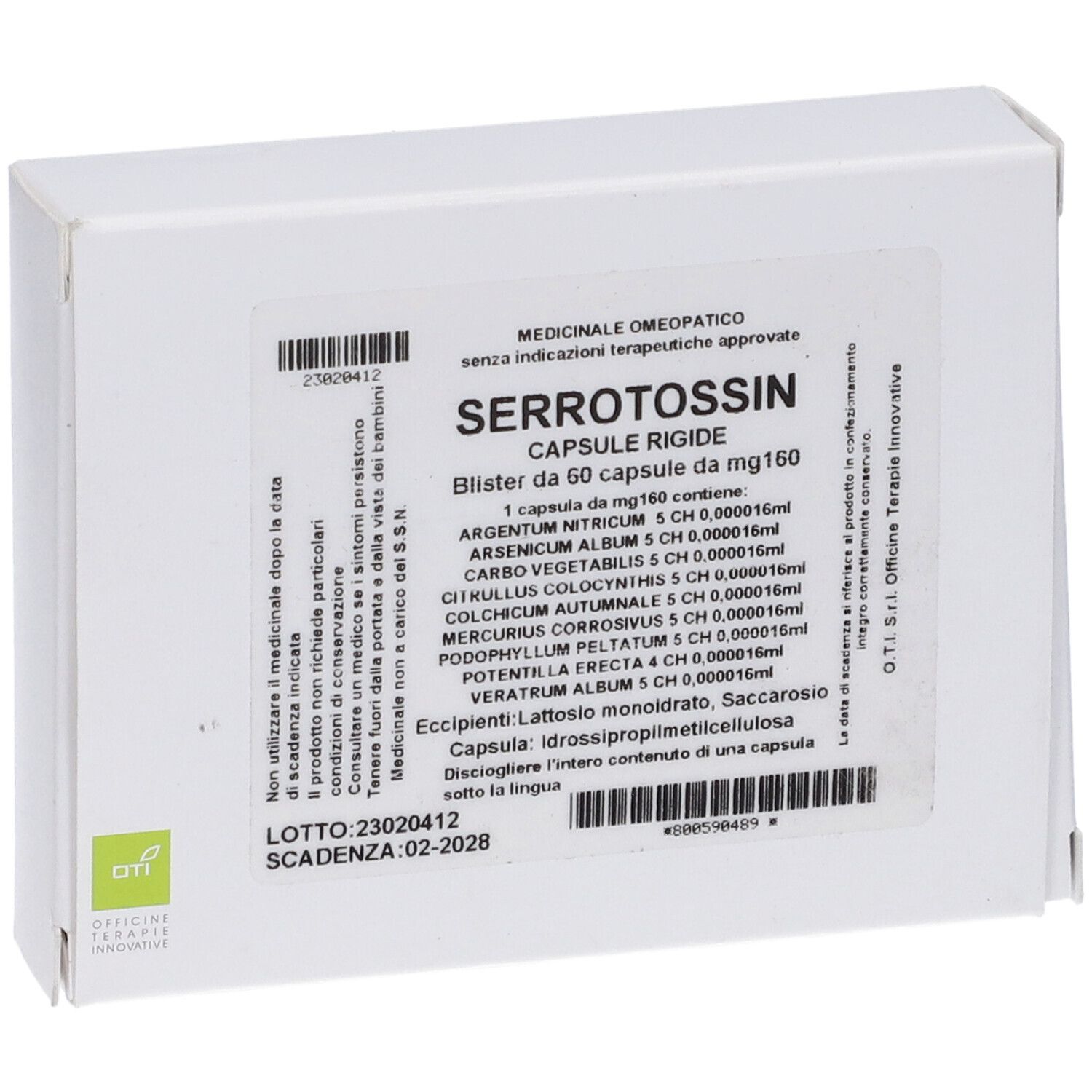 Scatola bianca con etichetta. Scritto: Serrotossin, capsule. Contiene 60 capsule. Ingredienti e data di scadenza.