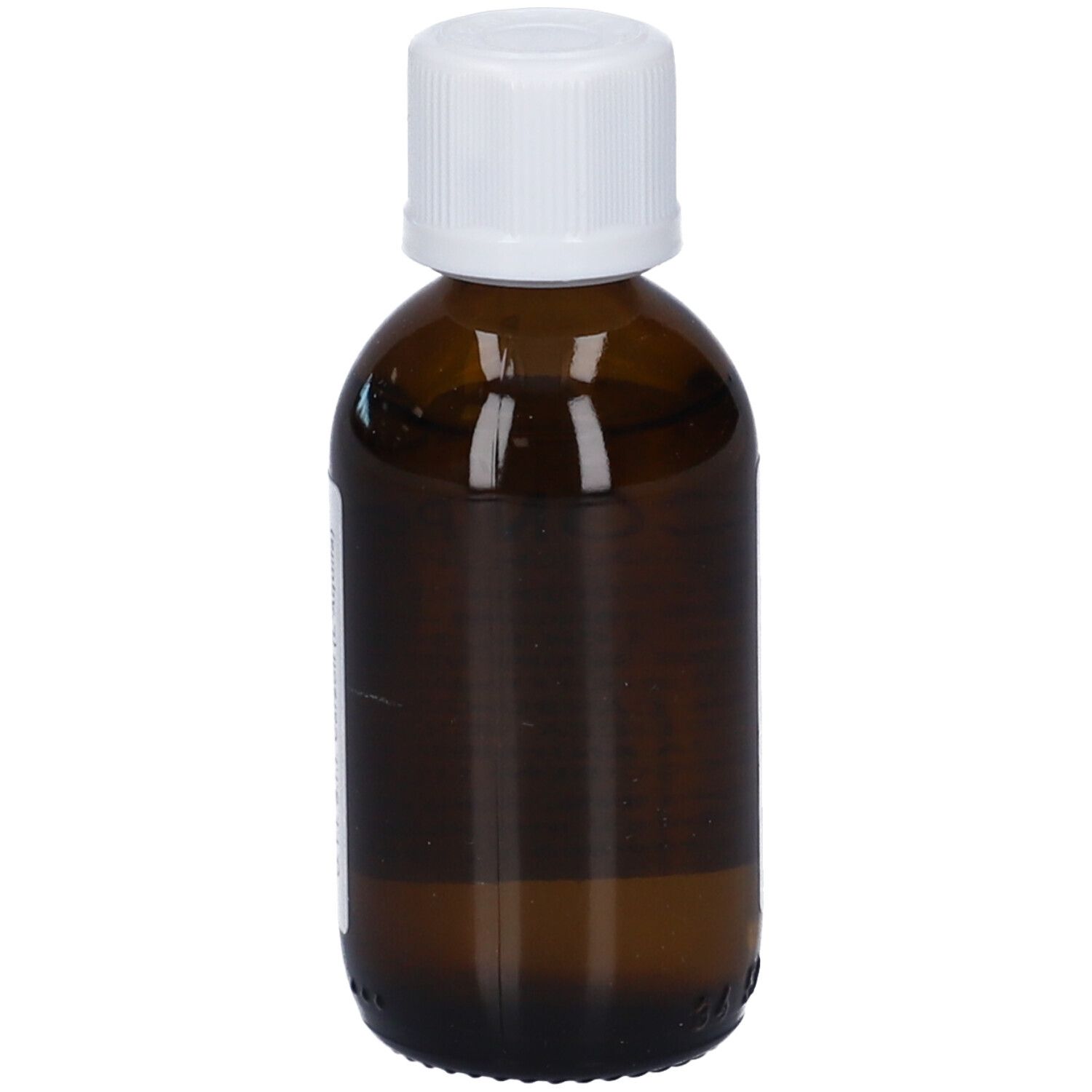 Flacone di vetro marrone con tappo bianco. Nessuna etichetta visibile. Contiene un liquido trasparente.