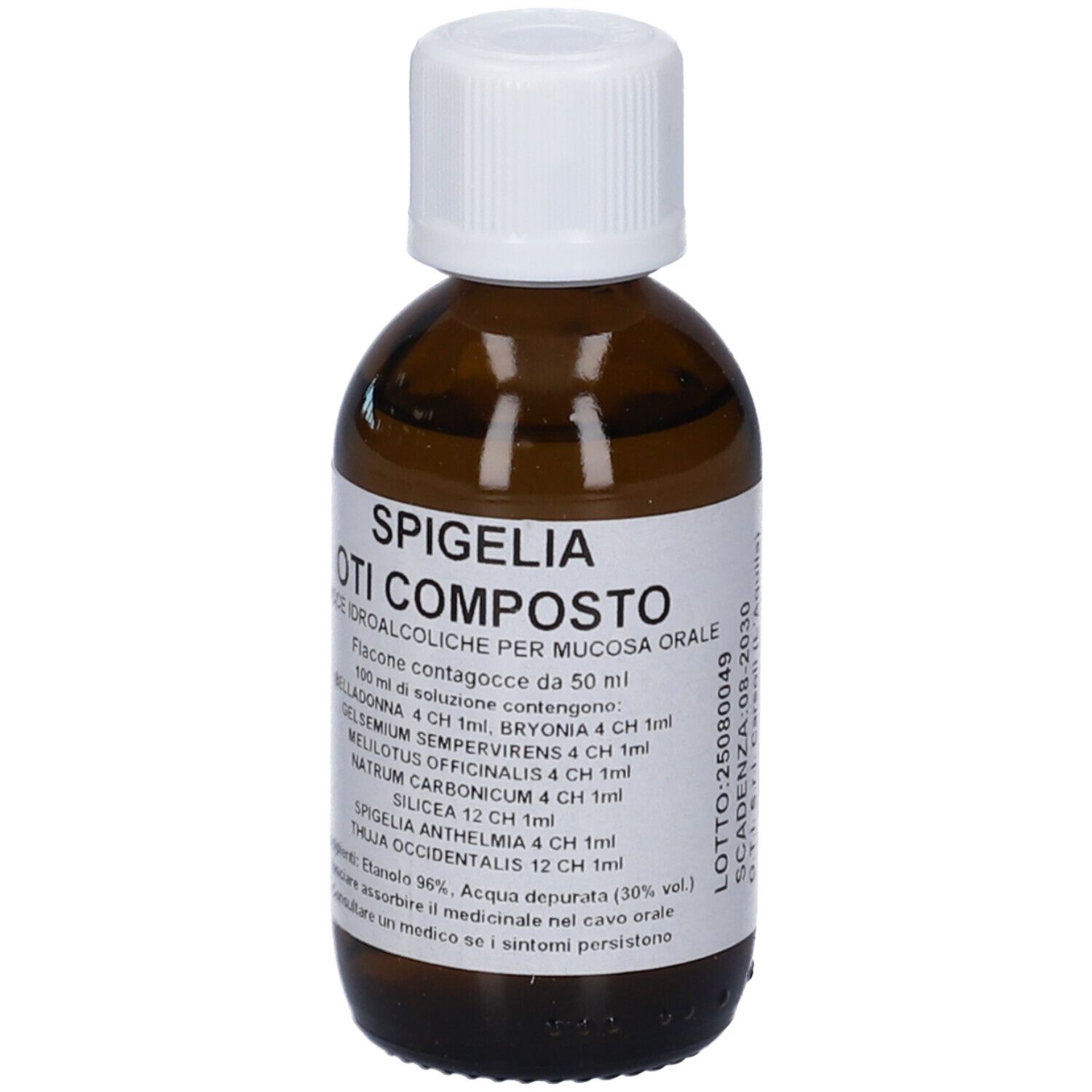 Flacone di vetro marrone con tappo bianco. Etichetta con nome e ingredienti. Soluzione in gocce.